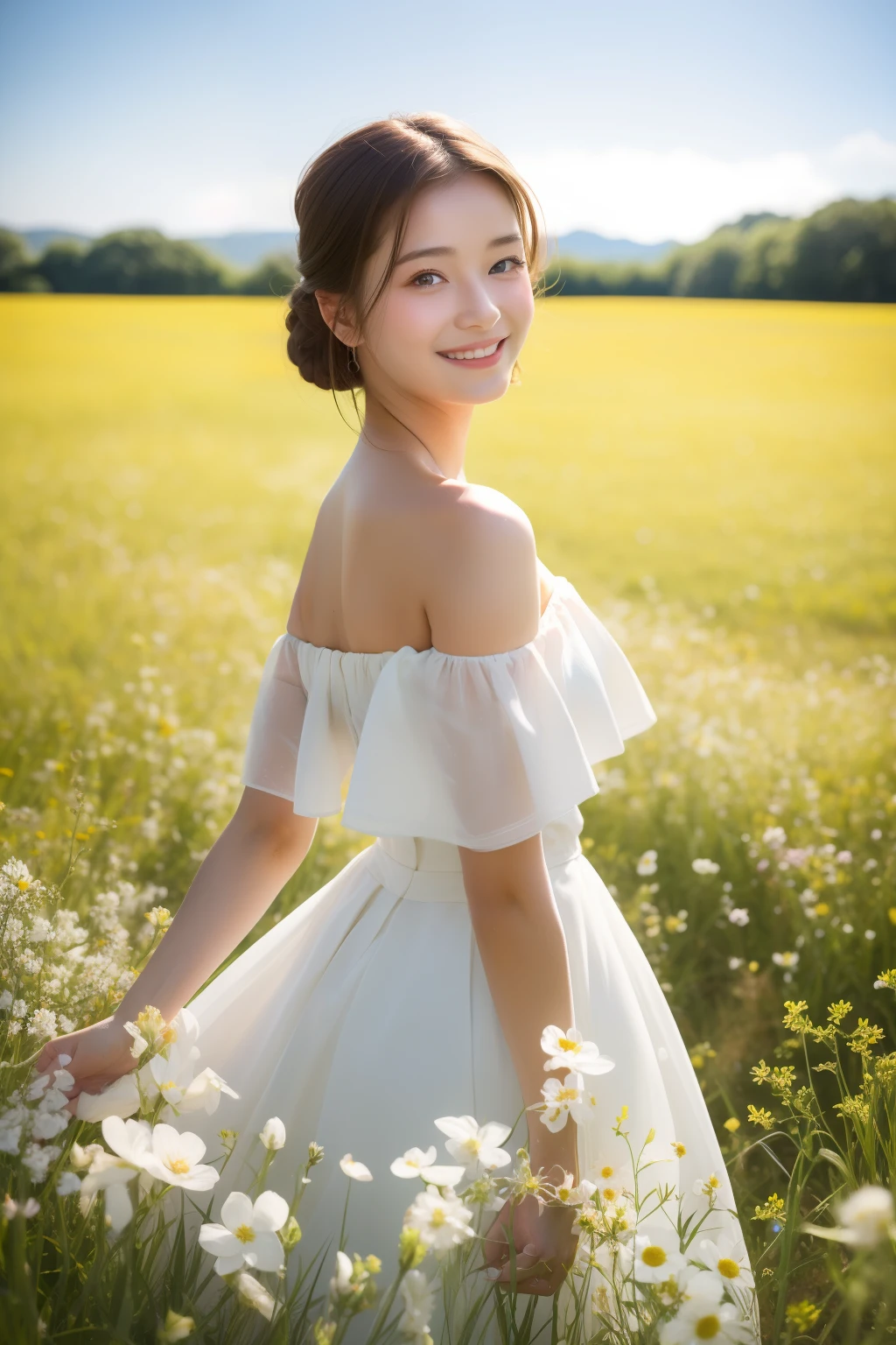 Best quality, masterpiece, ultra high res, (photorealistic:1.4), raw photo, 1girl, white dress, off shoulder, blossom 向日葵 flower field, glowing skin, light smile