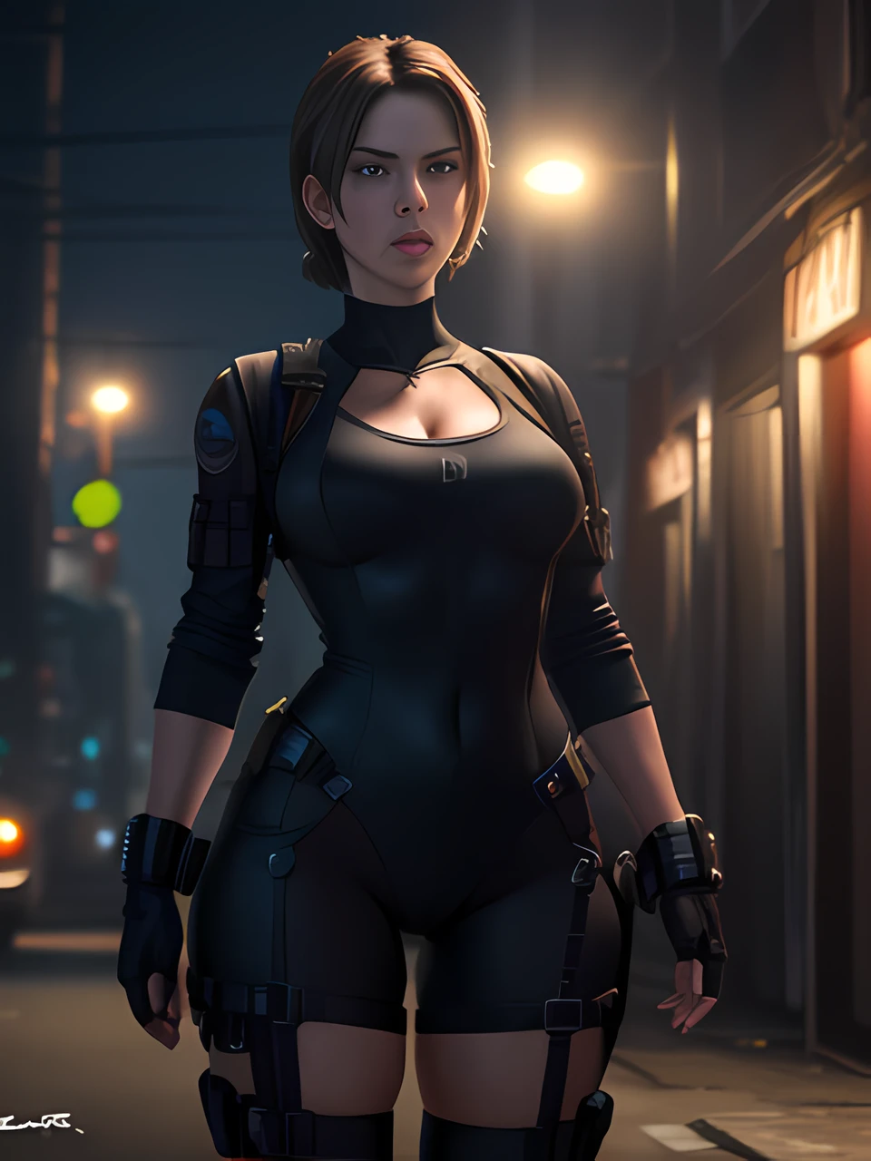 ((masterpiece)) Jill Valentine da resident evil ((Ultra detailed)) ((8k)) ((accurate anatomy)) ((highest quality)) ((exquisite CG)) ((proportional body)) ((thick)) ((next level)) ((detailed  finger)) ((Sharp)) ((opened)) ((18+)), in una zona remota di Raccon City mentre combatte contro un orda di Zombies.