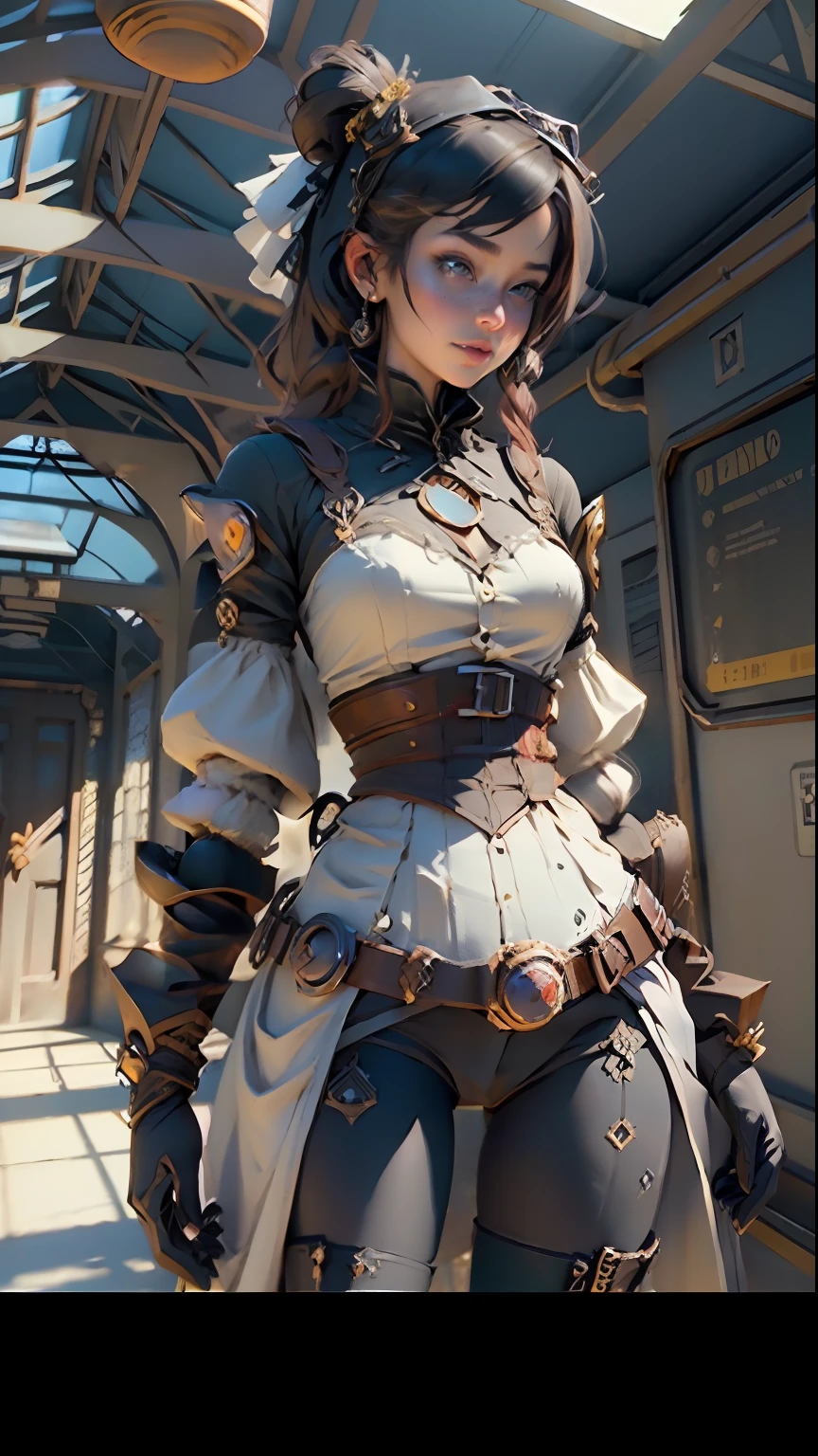 ((Best quality)), ((masterpiece)), (detailed:1.4), 3D, girl in steampunk dress standing next to train, in the style of rita kernn-larsen, feminine sensibilities, goth, 1860–1969, suzan pitt, photo taken with provia, sydney prior hall,Unreal 5,Subsurface scattering,PBR Texturing,Post-processing,Anisotropic Filtering,Depth-of-field,Maximum clarity and sharpness,Multi-layered textures,Albedo and Specular maps,Surface shading,Accurate simulation of light-material interaction,Perfect proportions,Octane Render,Two-tone lighting,Wide aperture,Low ISO,White balance,Rule of thirds,8K RAW,