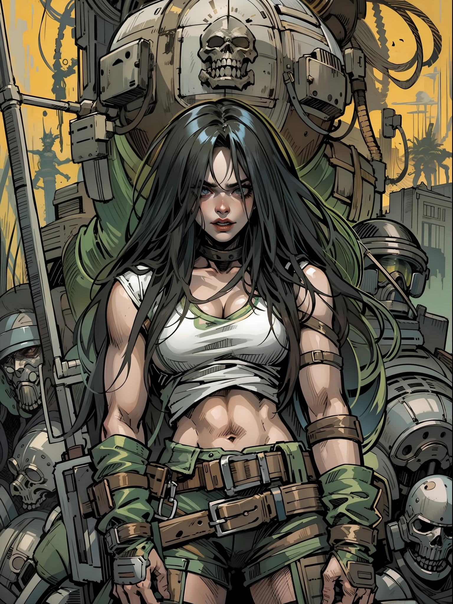 A post-apocalyptic warrior, uma mulher de 35 anos quase nua no estilo Simon Bisley para a capa da revista Heavy Metal, cabelo metade preto metade branco, Minimum clothing, roupas curtas,