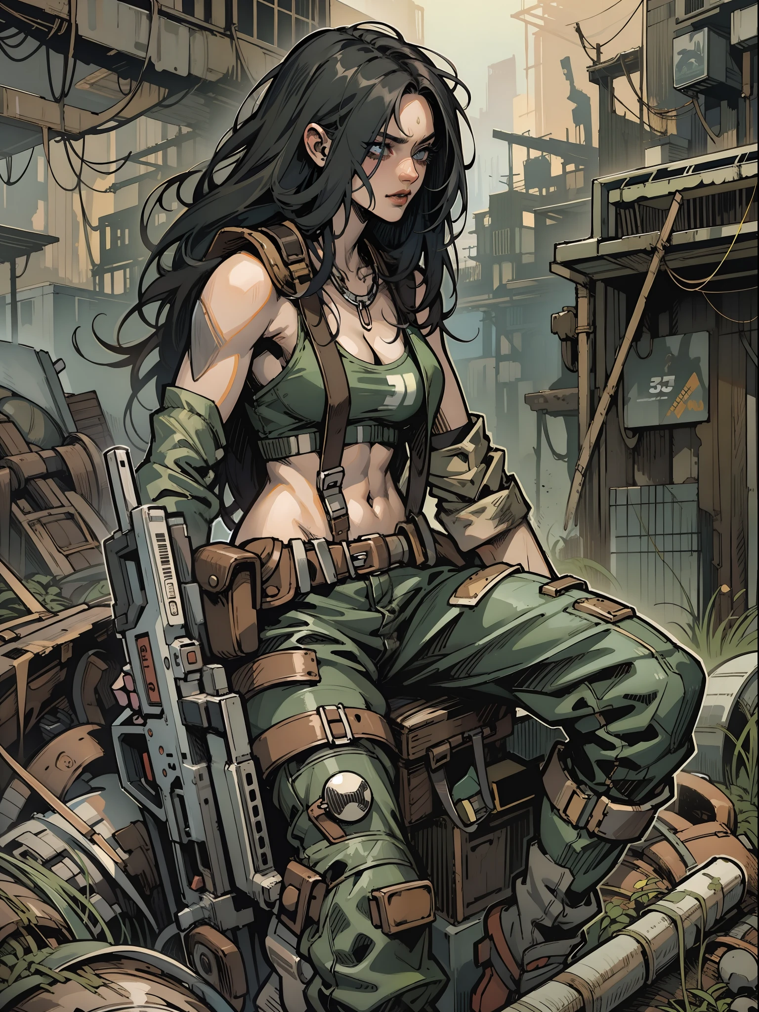 A post-apocalyptic warrior, uma mulher de 35 anos quase nua no estilo Simon Bisley para a capa da revista Heavy Metal, cabelo metade preto metade branco, Minimum clothing, roupas curtas,