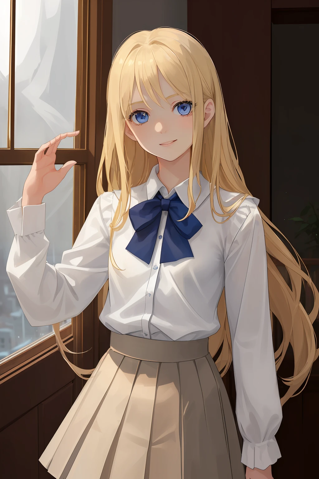 A girl of fragile physique, Regular. The girl has long blonde hair and blue eyes. beatiful face, cuteface. Cheerful face, canny smile. Detail Eyes. The girl is dressed in a white office shirt, long pleated skirt and light brown cardigan. A girl stands in a dark wooden office with dim lighting from the moon, which shines through the window. moonlight lighting. Detailed background, detailed clothes. handsome body