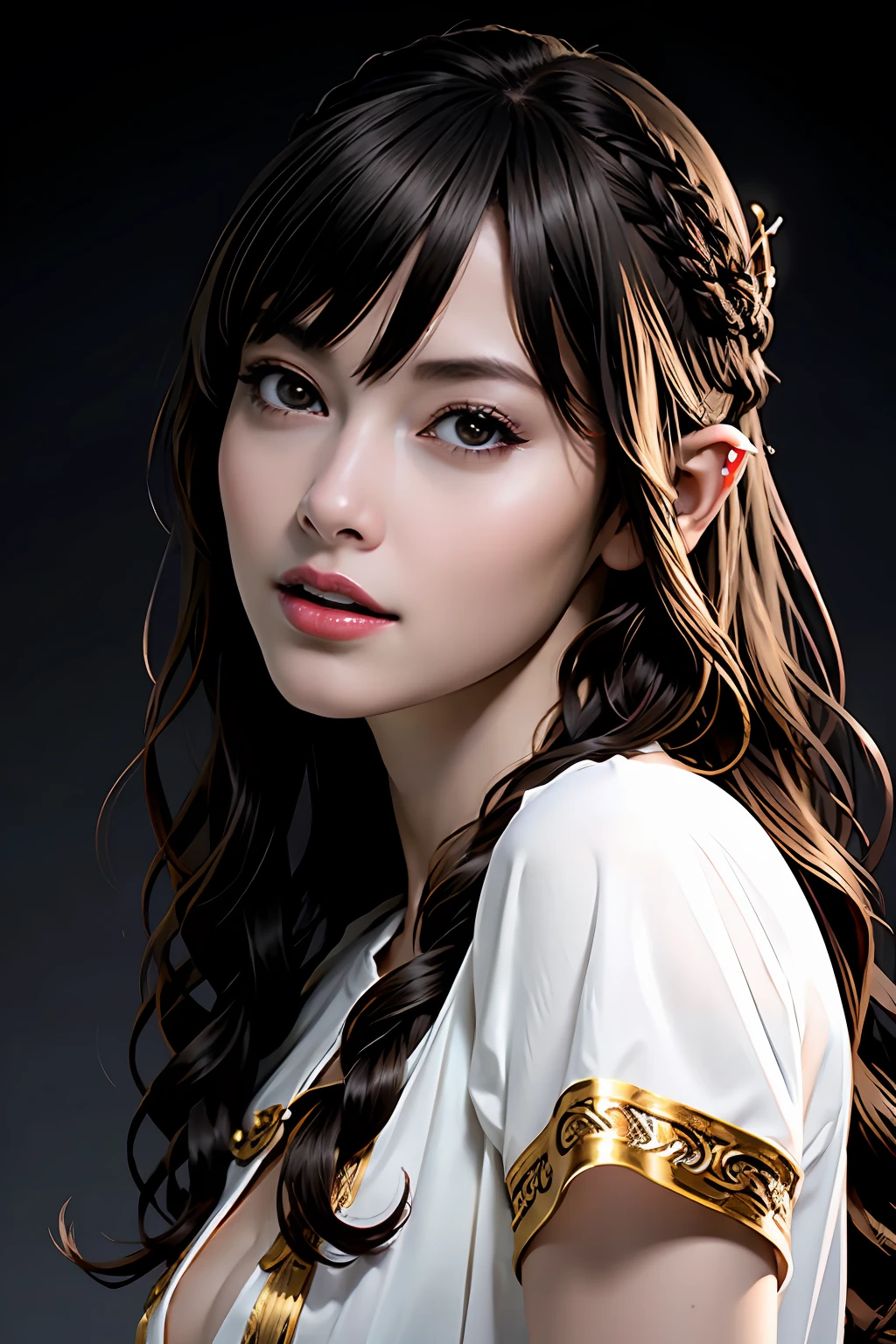 Ultra-detailed complex 3D rendering of face, (Colossal: 8.8), (masterpiece, top quality, octane rendering, 8K), glamour shot full body image, very beautiful young elf, cleavage, (very detailed skin: 1.2), (exposure: 1.1), brown-haired, ((wearing a plummeted open shirt of white silk: 1.10)), beautiful Caucasian woman with black skin with full soft breasts with big buttocks, Single, long braided hair, big breasts, dynamic angle, mystical expression, ultra-realistic photo, (((portrait)))), bare feet, futuristic urban background, facial muscles, detailed and beautiful queen gold crown, in the style of Marvel Comics, ArtStation trends, clear focus, studio photography, intricate details, very detailed, detailed red eyes, very detailed, Sharp Focus, Digital Rendering, Professional, Abs, Dark Grey Background,