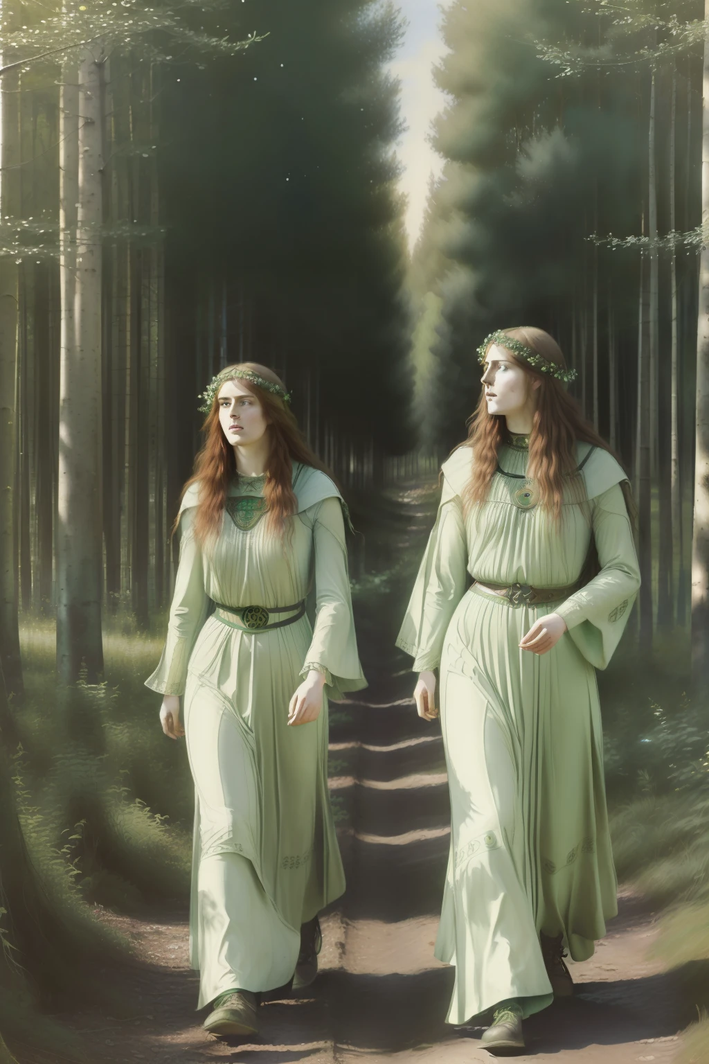 (((Pre-Raphaelite Celtic painting of two druids converse in a forest of quivering poplars, floresta, Cogumelos, tons suaves, paisagem celta irlanda)))