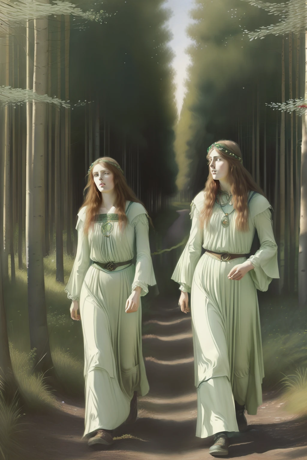 (((Pre-Raphaelite Celtic painting of two druids converse in a forest of quivering poplars, floresta, Cogumelos, tons suaves, paisagem celta irlanda)))