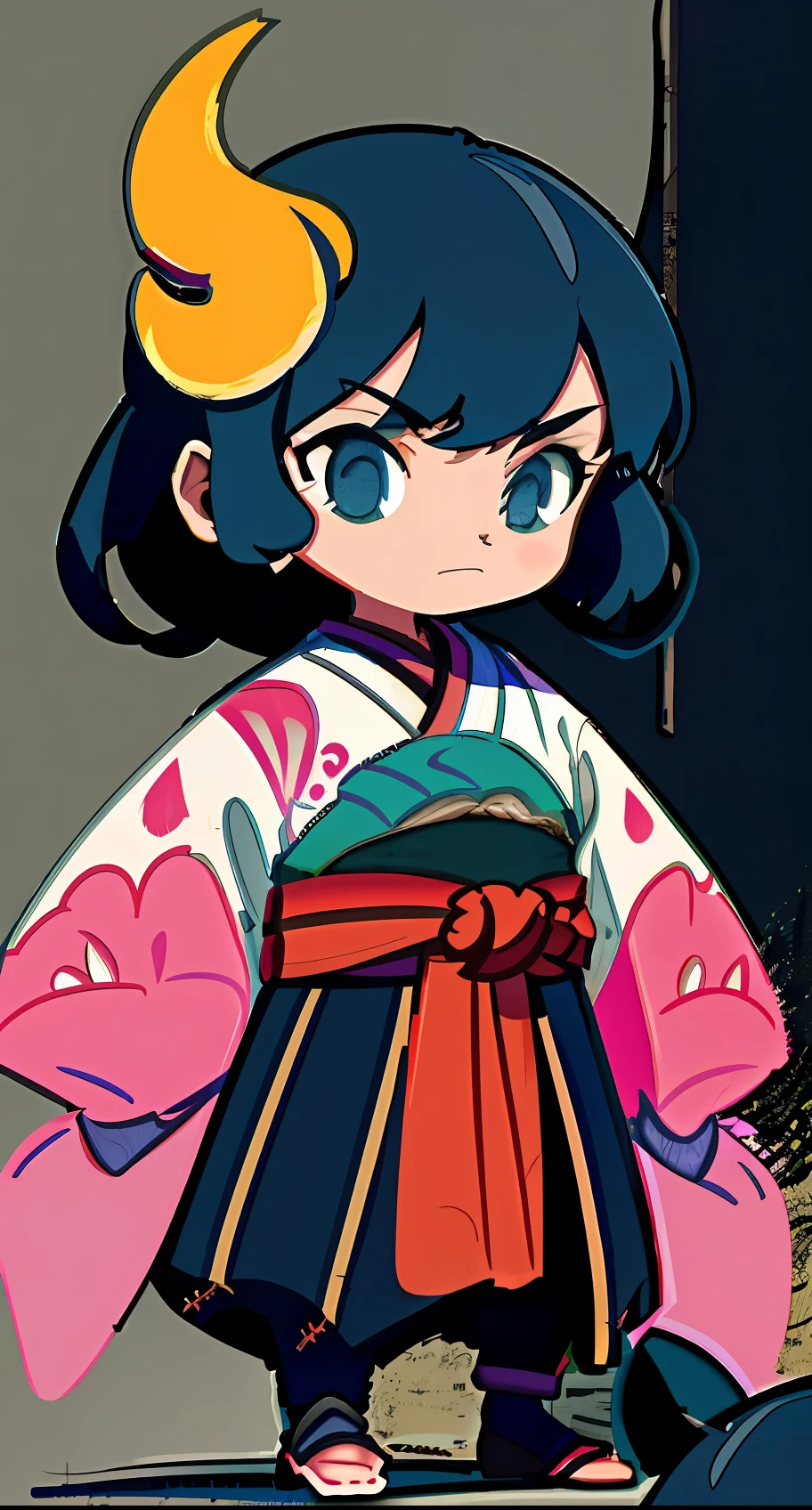 Sketches of a young Japanese Asian body head with black samurai kimono and vernel ,arms spread open , Serious look with katana sword in hand High quality character design, arte de design de personagem, Arte infantil em Artstation, design de personagem altamente detalhado, arte conceitual de desenho animado, design de personagem, design de personagem profissional, arte conceitual de design de personagem, Colorful concept art design illustration, arte de conceito de personagem, Design de personagem estilizado, [ design de personagem
