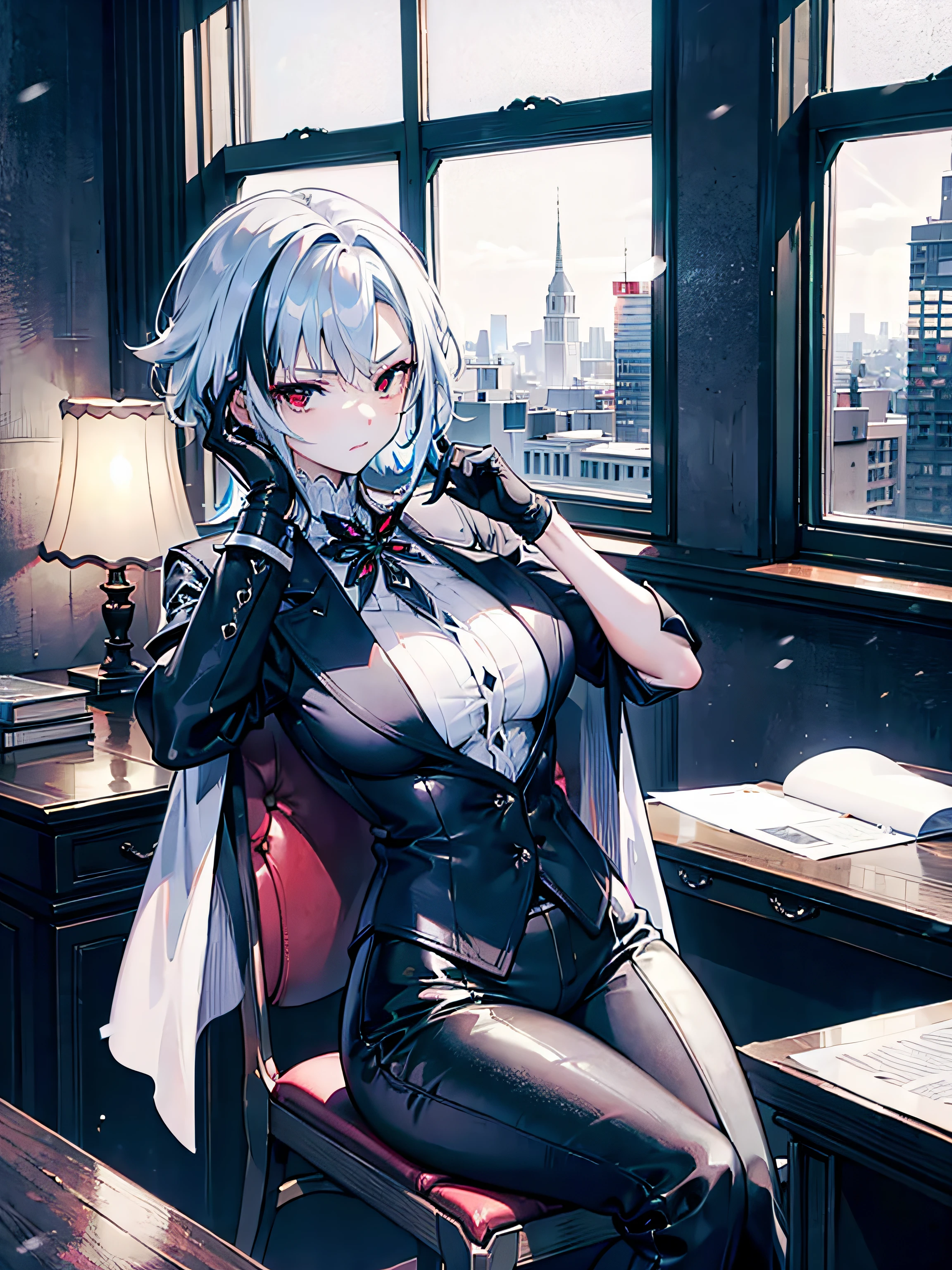 (masterpiece, best quality), 1girl, mature woman, tall woman, white hair, short hair, black gloves, formal outfit, pants, sit on chair, crossed legs, 2 legs, red eyes, serious look, looking at papers, paper in hand, cabinet room, bookshell, lamp, steampunk, coat in chair back, good quality, arlecchino \(genshin impact\), x-shaped pupils, multicolored hair, black strand of hair, elbow on table, 4k, city, snow outside of window,