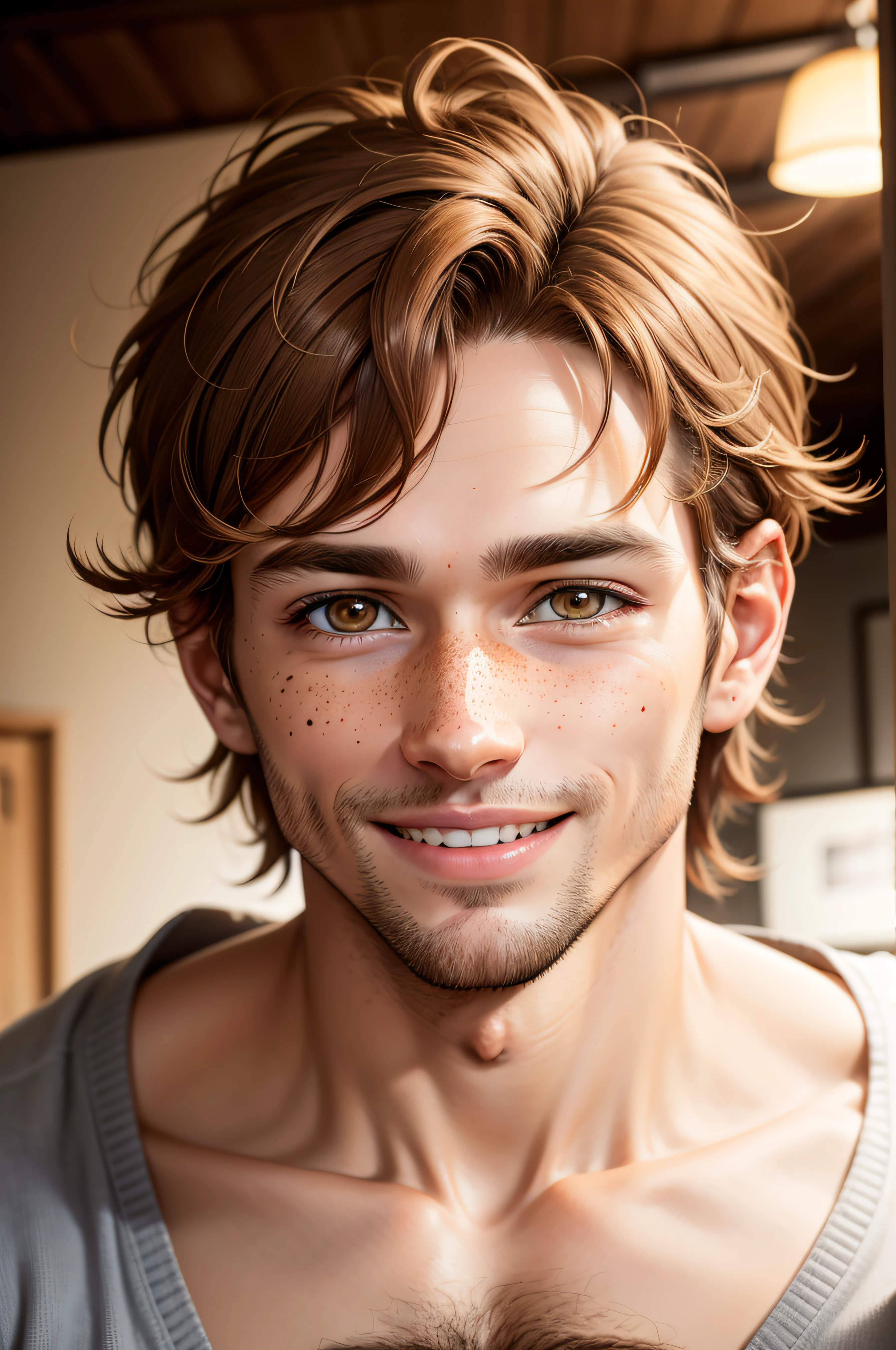male, 30 years old, messy light brown hair, big bright eyes, curious posture, enthusiasm, amber skin tone, infectious smile, light freckles on nose and cheeks
