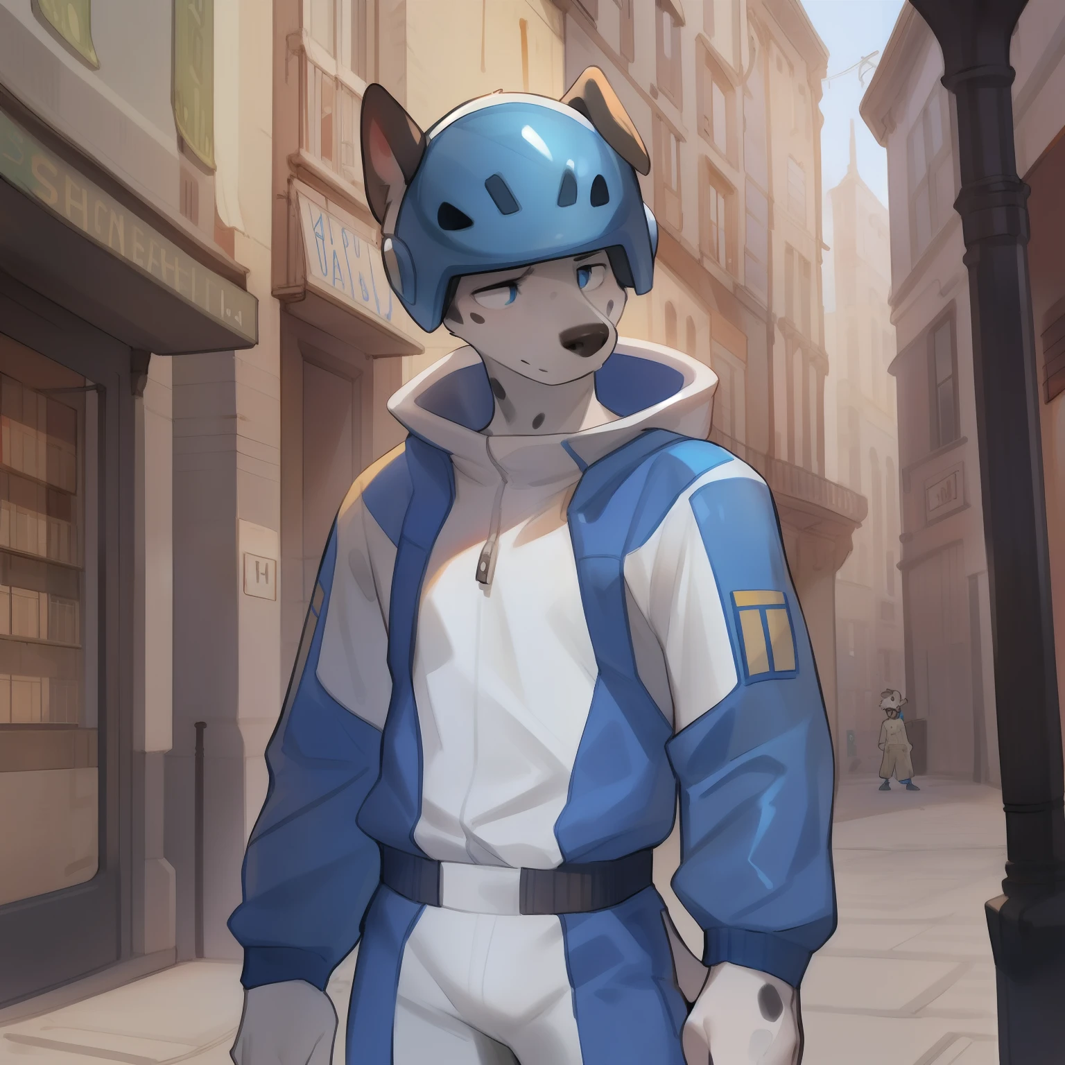 Solo, male, standing, short, weak, pathetic, slim, skinny, by bebebebebe, by schmutzo, ((snout, hair)), street, blue military spacesuit, dalmatian, helmet