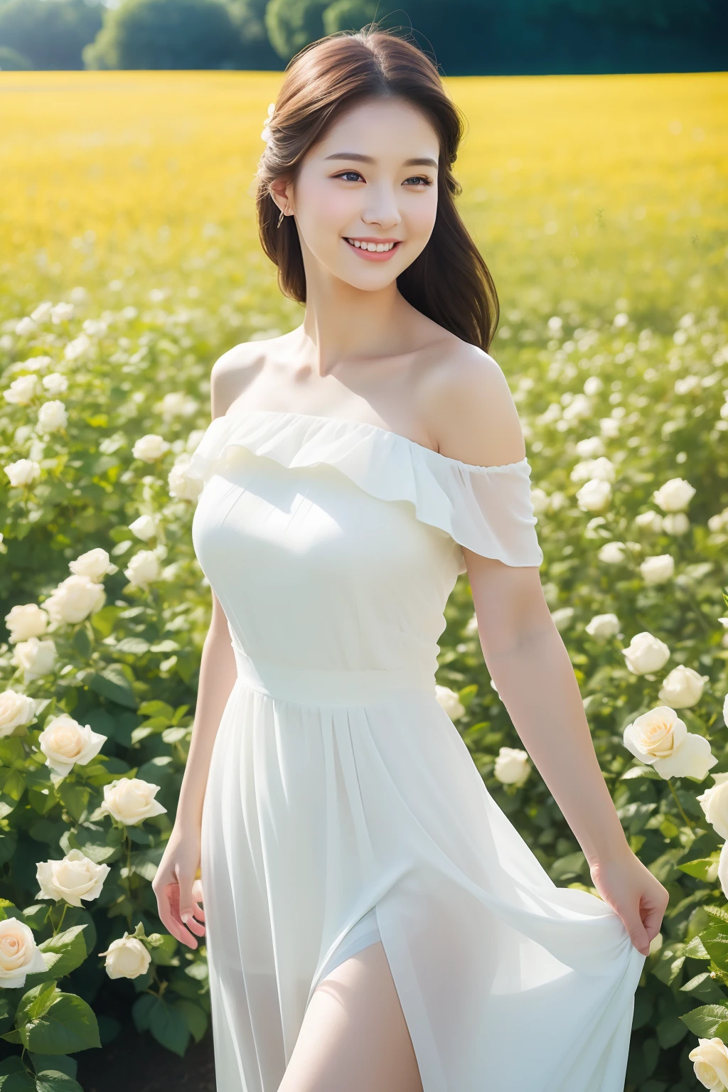 Best quality, masterpiece, ultra high res, (photorealistic:1.4), raw photo, 1girl, white dress, off shoulder, blossom blue roses flower field, glowing skin, light smile