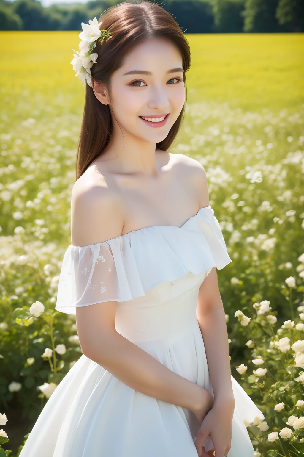 Best quality, masterpiece, ultra high res, (photorealistic:1.4), raw photo, 1girl, white dress, off shoulder, blossom blue roses flower field, glowing skin, light smile
