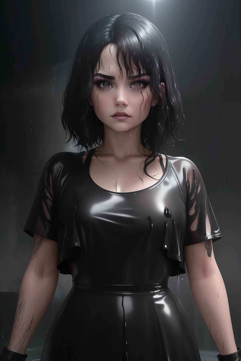 a close up of a person wearing a black dress, wet tshirt, wet look, portrait of Demi Lovato as demon, hq 8k scan, wet t-shirt, promotional images, pop makeup style, wet t shirt, torn magazine style, wet dripping hair, wet, wet make - up, wet shirt, wearing black latex outfit, short black hair with gel