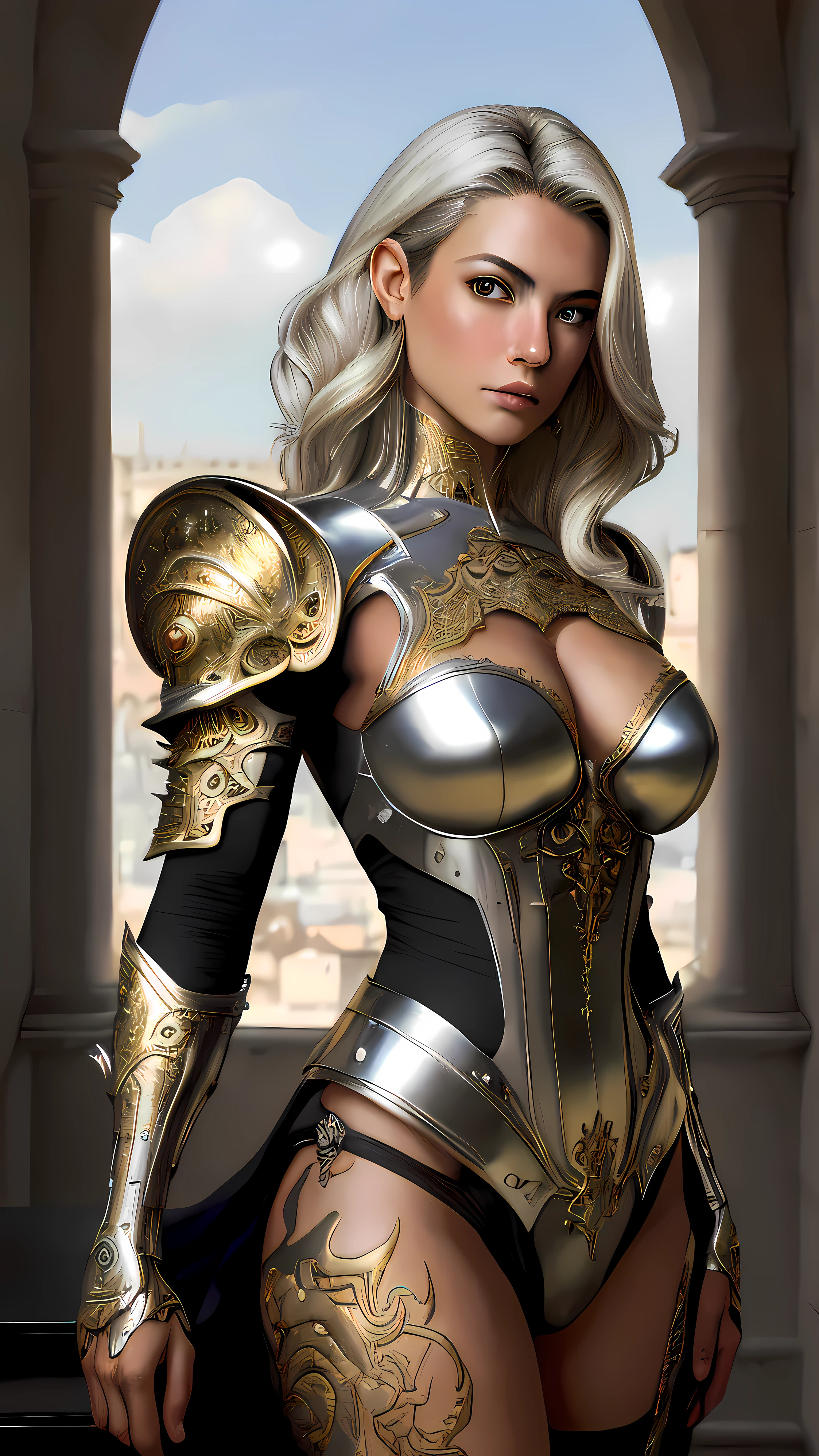 Retrato de 8k de un hermoso cyborg, cuerpo completo, armadura plateada, fondo oscuro con castillo. con cabello plata despeinado. elegante, muy detallado, majestuoso, digital photography, Art by Artgerm and Ruan Jia and Greg Rutkowski Golden Dragon Filigree Surrealist Painting, vidrios rotos (obra maestra, sidelit, hermosos ojos finamente detallados: 1.2 ), HDR,