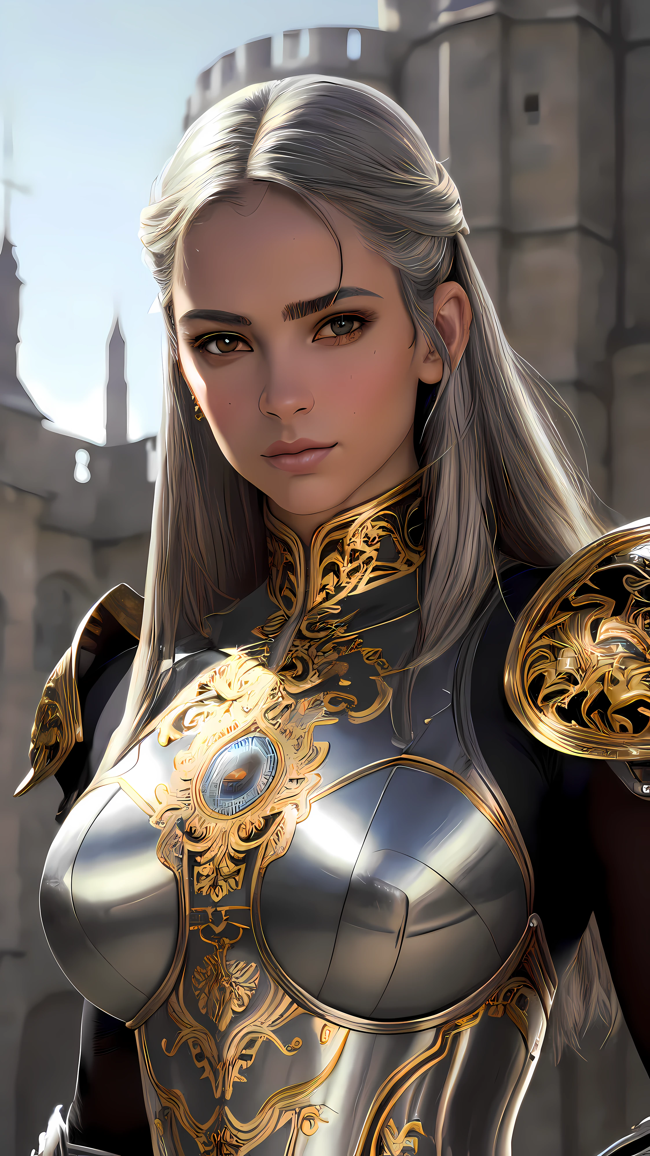 Retrato de 8k de un hermoso cyborg, cuerpo completo, armadura plateada, fondo oscuro con castillo. con cabello plata despeinado. elegante, muy detallado, majestuoso, digital photography, Art by Artgerm and Ruan Jia and Greg Rutkowski Golden Dragon Filigree Surrealist Painting, vidrios rotos (obra maestra, sidelit, hermosos ojos finamente detallados: 1.2 ), HDR,