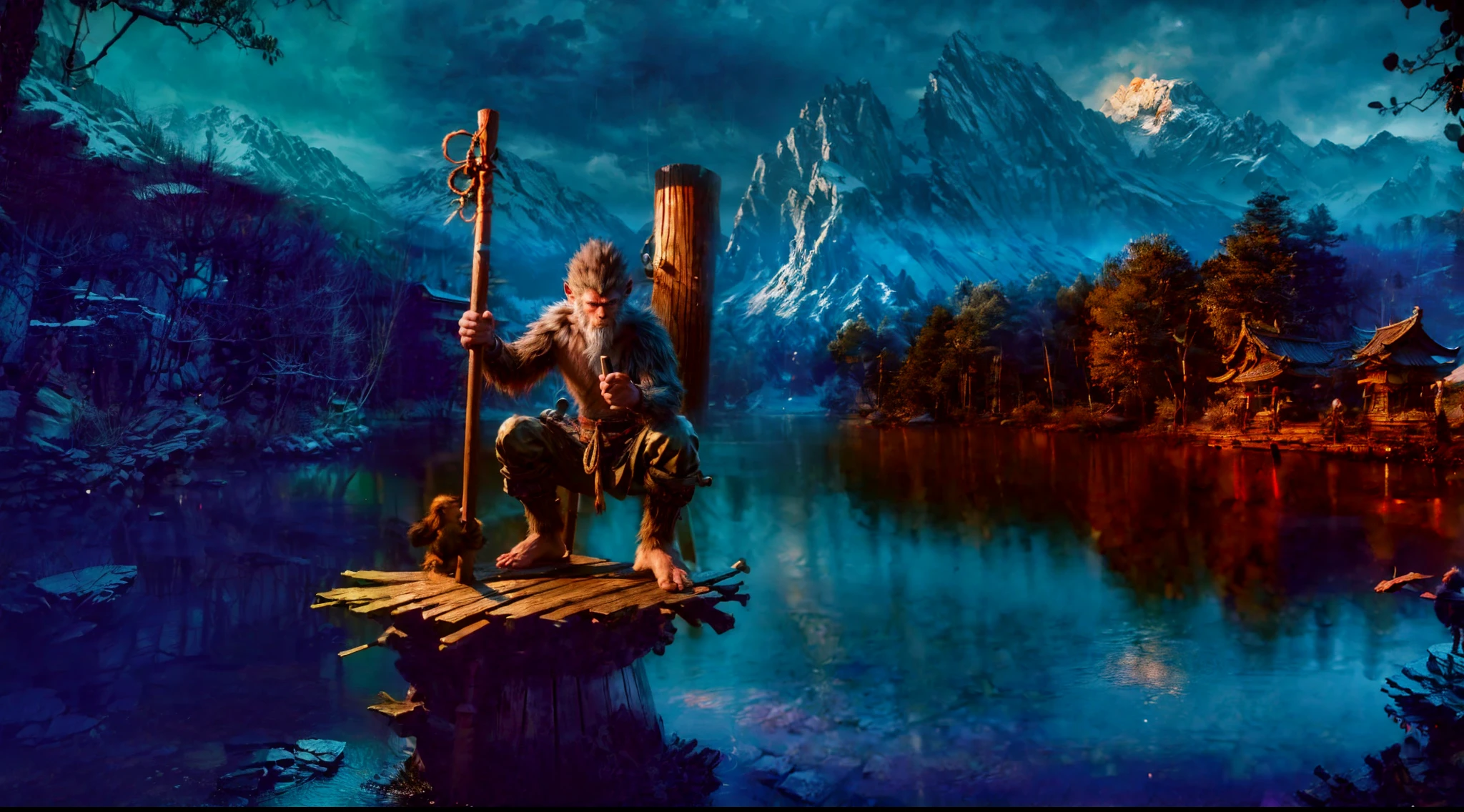 wukong \(black myth\), ((crouched on top of a high wooden pole in a lake, holding a wooden stick above his sholder)), Monkey Warrior, 16K, HDR, Rain, Best Quality, FXAA, TXAA, Super Detailed, Ray Tracing, dark theme, (Night)