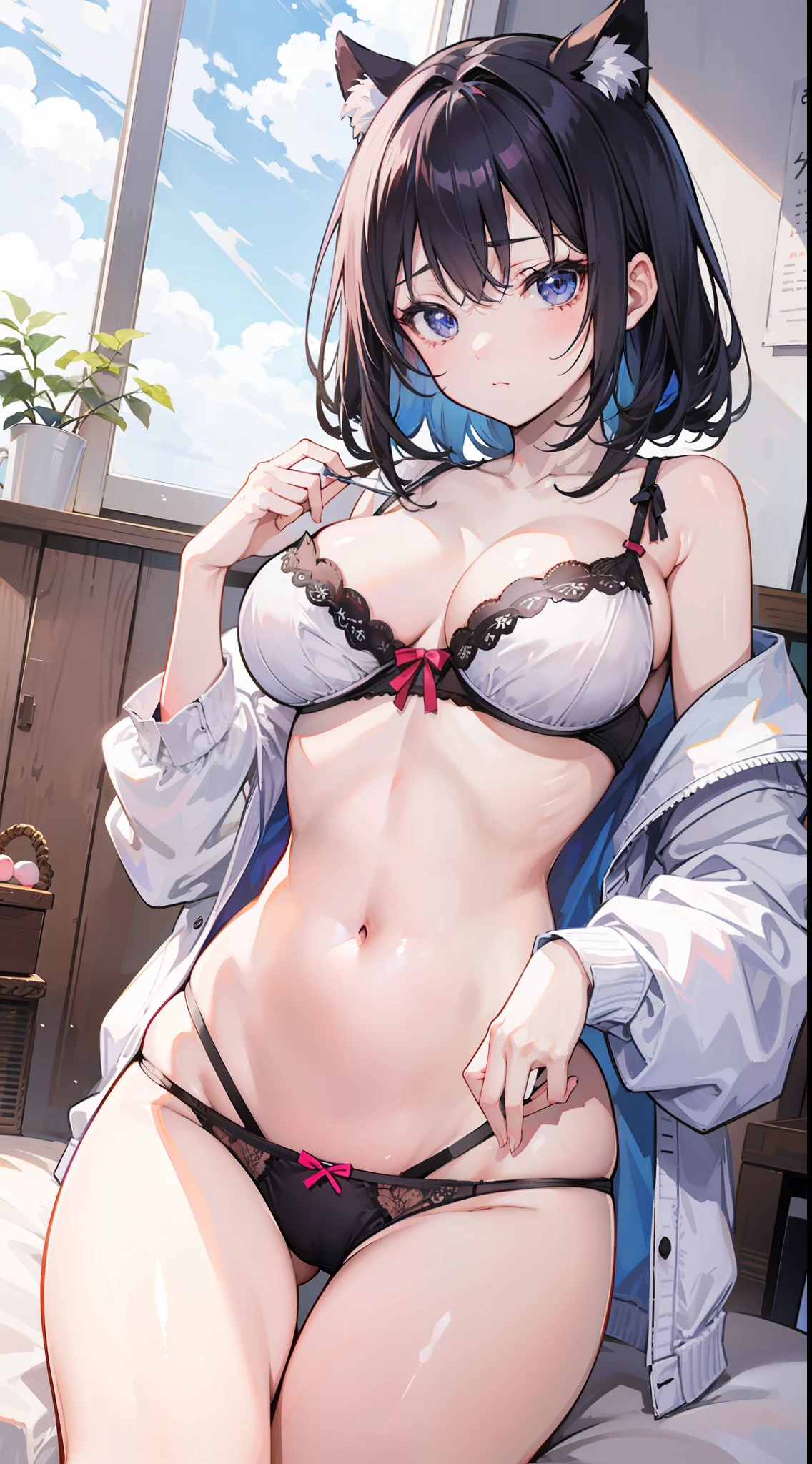 masutepiece、hight resolution、1girl in、large full breasts、in one's underwear only、Cute lingerie、Underwear models、Cute anime illustration、