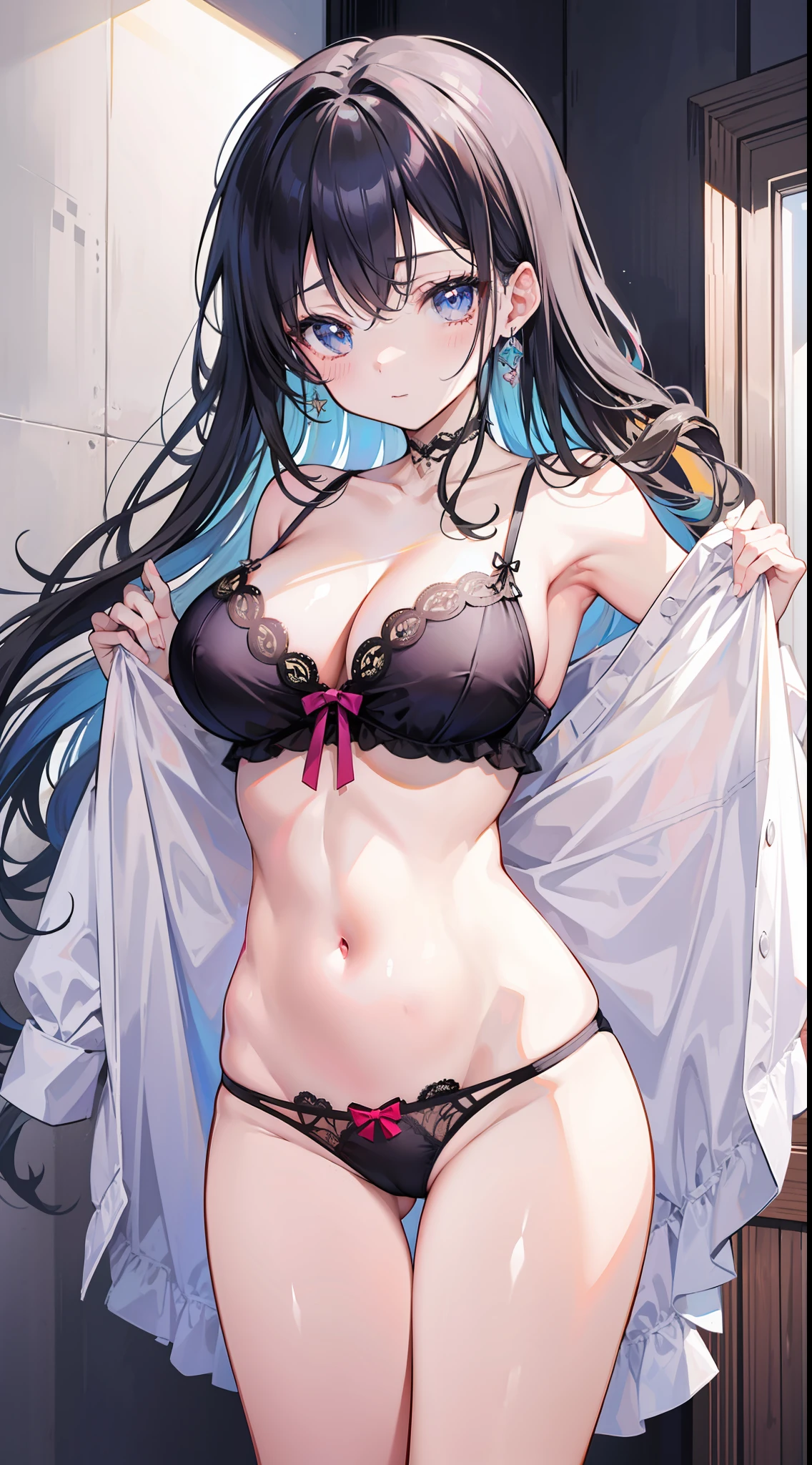 masutepiece、hight resolution、1girl in、large full breasts、in one's underwear only、Cute lingerie、Underwear models、Cute anime illustration、