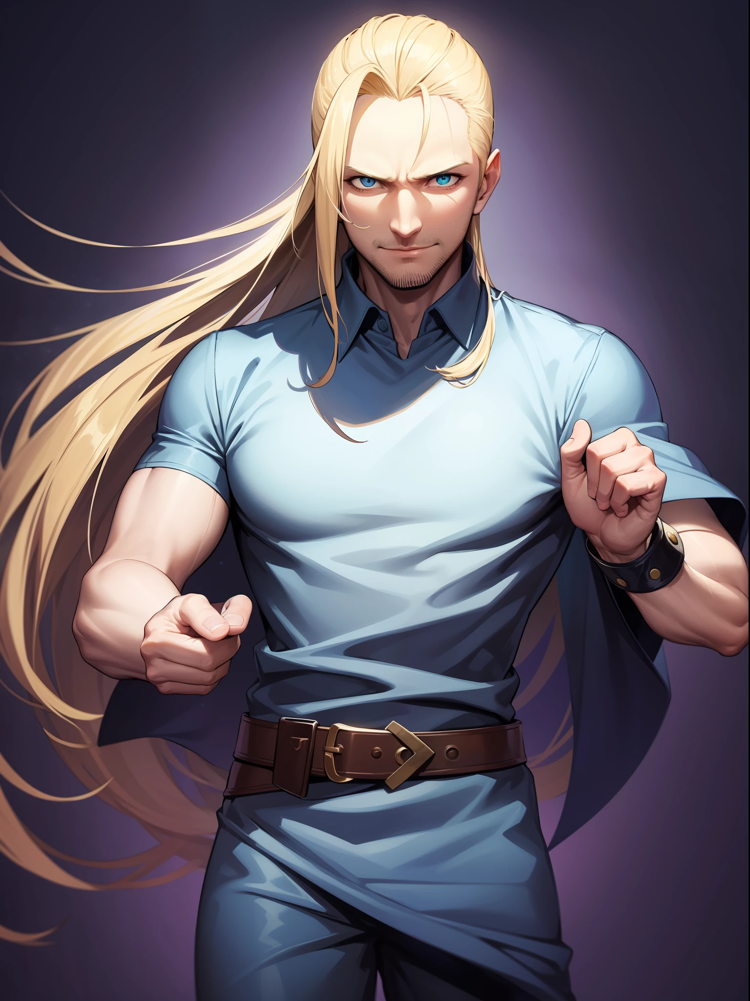 top-quality,cowboy  shot,a man,35 year old,villain,Fantasia,a blond,forehead,bangs pinned back,４One finger and one thumb,[ssmile],The long-haired,Unshaven,[crazy eye],Fantasy-style prison uniform,dark backgrounds
