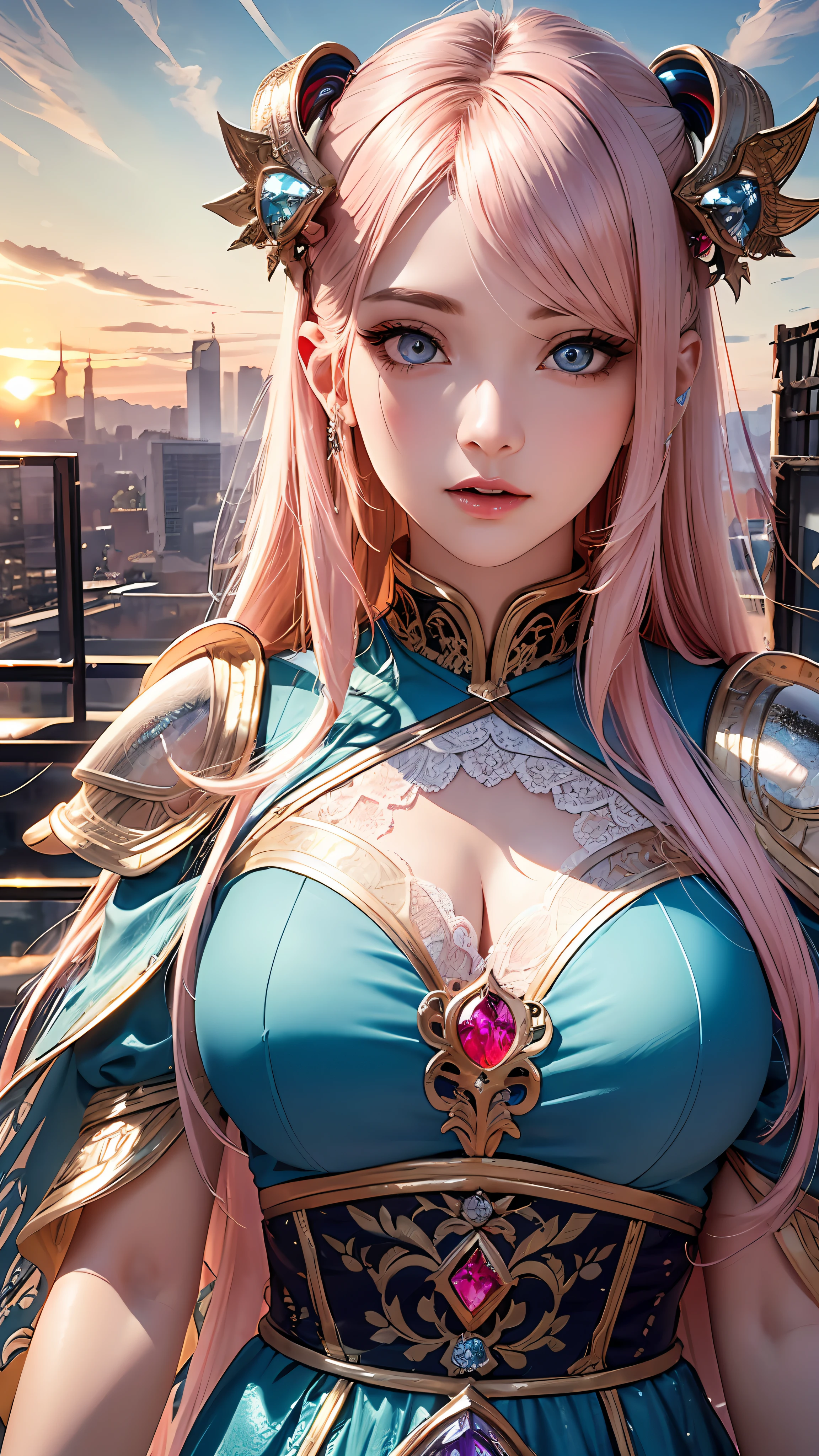 Realistic, Hyper Detail, Girls Only, Layered Bob, Dynamic Lighting, ((Bold imaginative pose)), (Glossy skin: 1.5), Masterpiece, Top Quality, Absurdity, Watching Viewer, (Blonde and Pink Hair), deep Purple Clear Eyes,((Beautiful, detailed eyes, jewel-like eyes, colorful eyes, sparkling eyes:1.3)), Slender, High Resolution, Sharp Focus, Depth of Field, Detail Eyes, Sharp Eyes, (Realistic Eyes)), outdoors, sunrise sky, (attractive delicate design river trimmed lace dress, (intricately patterned oriental blue sexy armor wearing): 1.3))