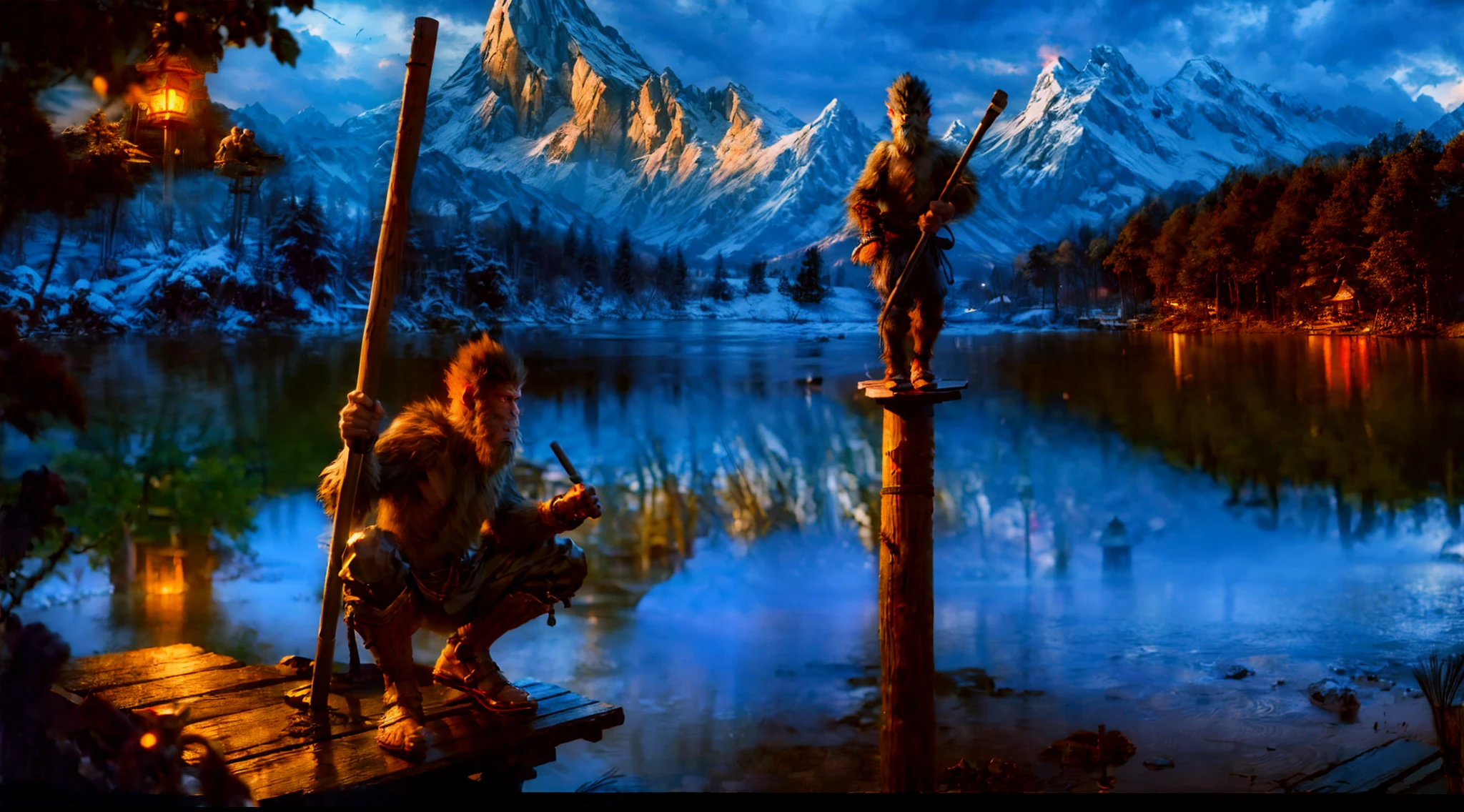 wukong \(black myth\), ((crouched on top of a high wooden pole in a lake, holding a wooden stick above his sholder)), Monkey Warrior, 16K, HDR, Rain, Best Quality, FXAA, TXAA, Super Detailed, Ray Tracing, dark theme, (Night)