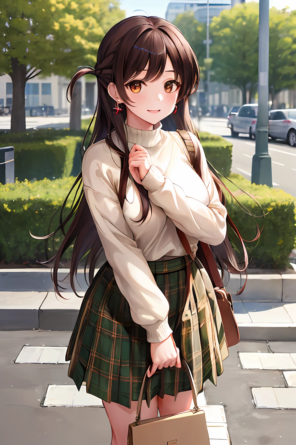 masterpiece, best quality, highres, chi1, 1girl, long hair, braid, one side up, solo, high neck white sweater, green plaid skirt knee length, bangs, outdoors, smile, earrings, holding a bag