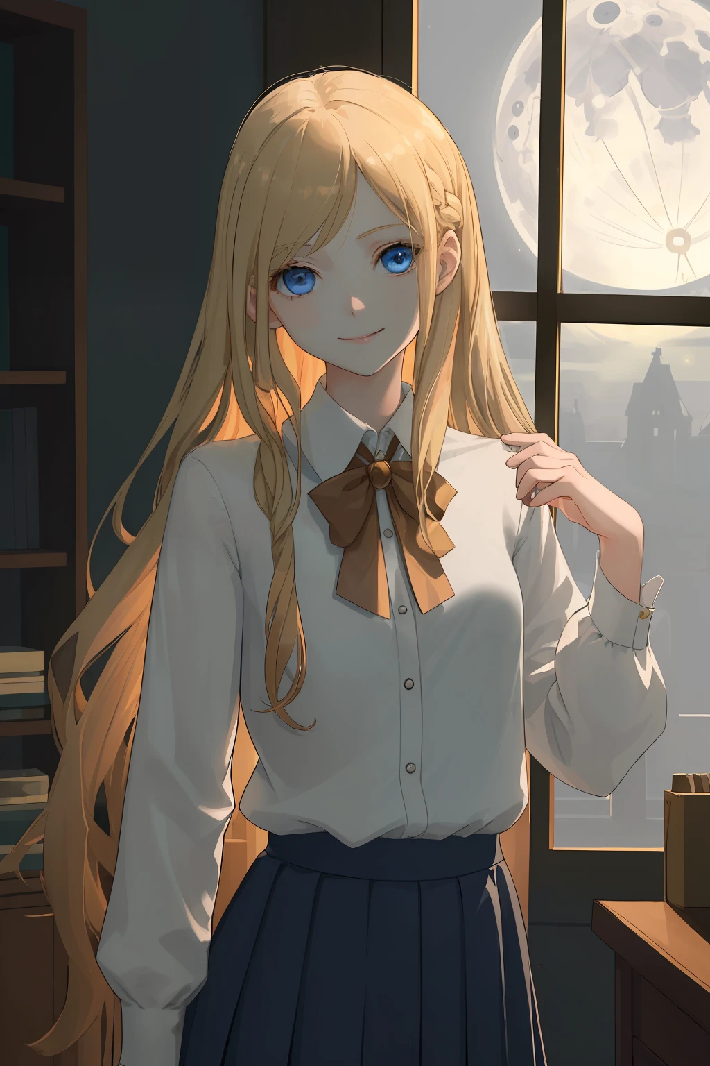 A girl of fragile physique, Regular. The girl has long blonde hair and blue eyes. beatiful face, cuteface. Cheerful face, canny smile. Detail Eyes. The girl is dressed in a white office shirt, long pleated skirt and light brown cardigan. A girl stands in a dark wooden office with dim lighting from the moon, which shines through the window. moonlight lighting. Detailed background, detailed clothes. handsome body. hairlong, bangs combed to one side.