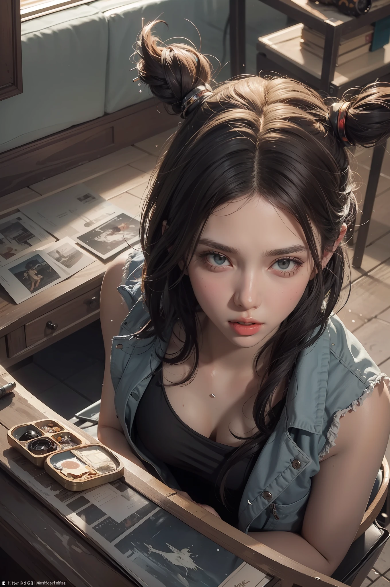 1girl, dynamic angle, splash art, art by Jackson Pollock,  octane render, birds-eye-view shot of a Honorable Murano midweight Hassan Diab, Cel shaded, Gel lighting, contest winner, official art, unity 8k wallpaper, ultra detailed, aesthetic, masterpiece, best quality, photorealistic