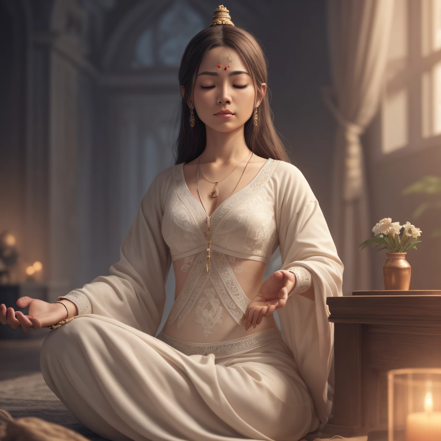 (((Meditating))) Real woman, meditating, both hands in medication posture, relaxing, (detailed facial features), intricate detailed background, dreamy, trend in artstation, UHD, 8k, atmosphere, luminosity, front lighting,