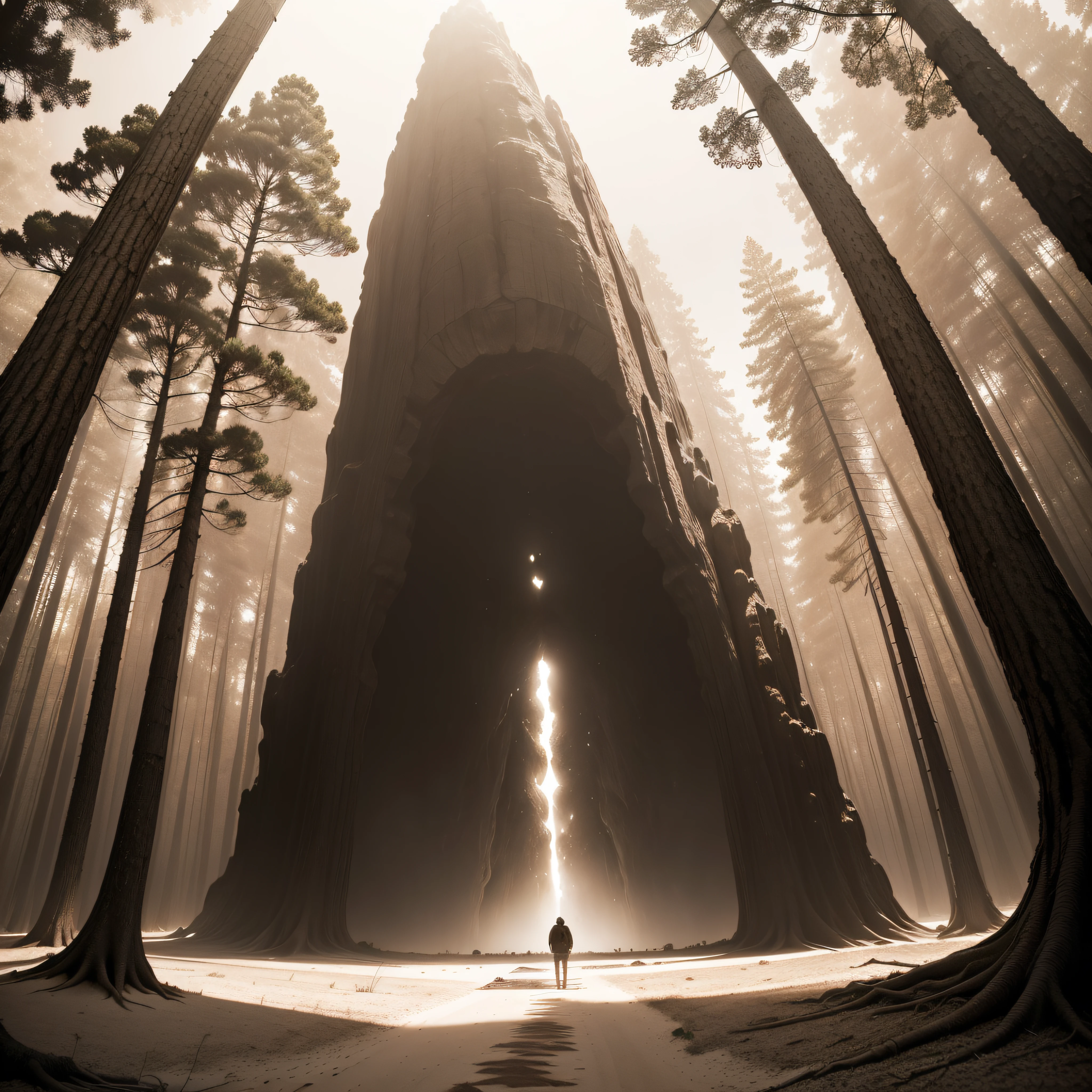 (extremadamente detallado, obra maestra, La mejor calidad, Tono sepia), un gigante con un hacha camina por un bosque. meteorito en el suelo, agujero profundo, Giant crater. burned trees. Oggre hidden among the trees. Daytime Lighting.