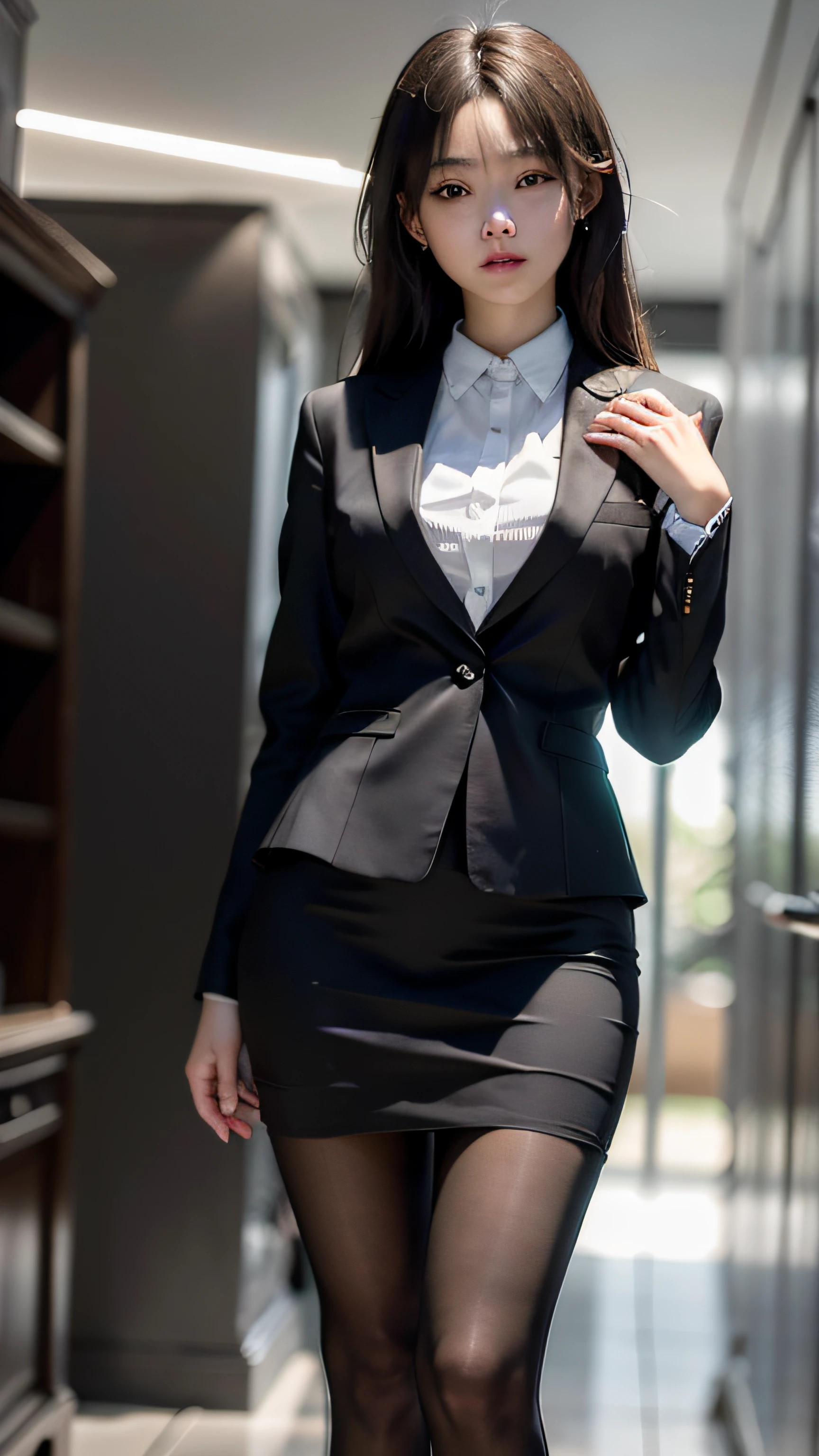 (masterpiece, best quality, extremely detailed, 8k, wallpaper, ultra-detailed), (RAW photo:1.2),
1girl, solo,indoor, small head, black pantyhose, pencil skirt, business suit,