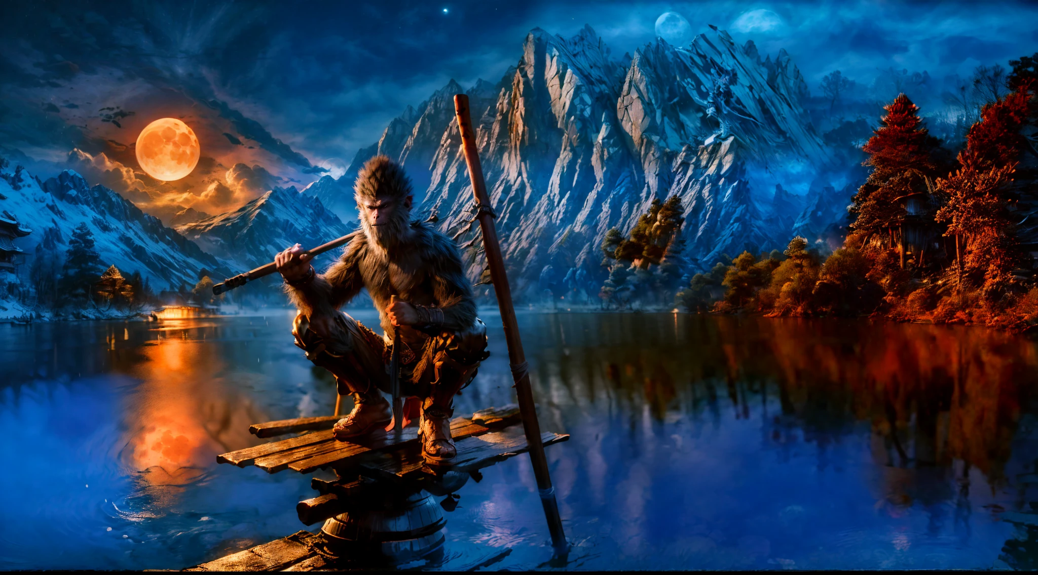 wukong \(black myth\), ((crouched on top of a high wooden pole in a lake, the moon in the sky, holding a wooden stick above his sholder)), Monkey Warrior, 16K, HDR, Rain, Best Quality, FXAA, TXAA, Super Detailed, Ray Tracing, dark theme, (Night)