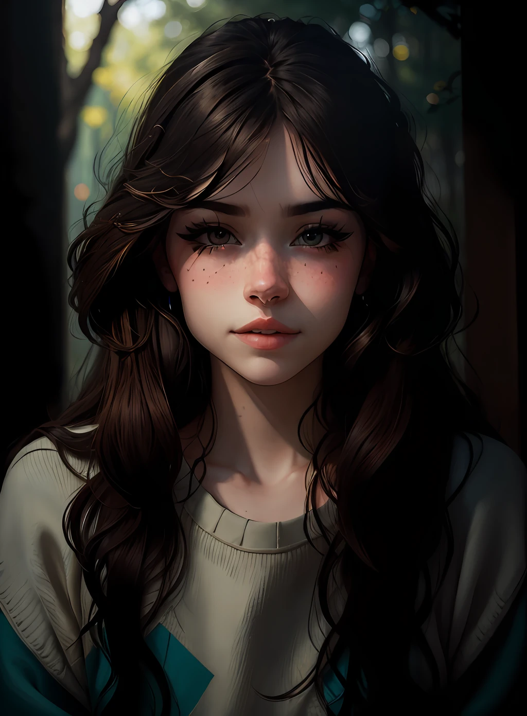 wearing (sweater), portrait, beautiful face, pretty eyes, outside, portrait, park, trees, teeth, eyes open, ward winning photo, best quality, upper body, Hannahowo, windblown black hair, by lee jeffries nikon d850 film stock photograph 4 kodak 400 camera f1.6 lens rich colors hyper realistic lifelike texture natural lighting unreal engine trending on artstation cinestill 800, (100mm lens)