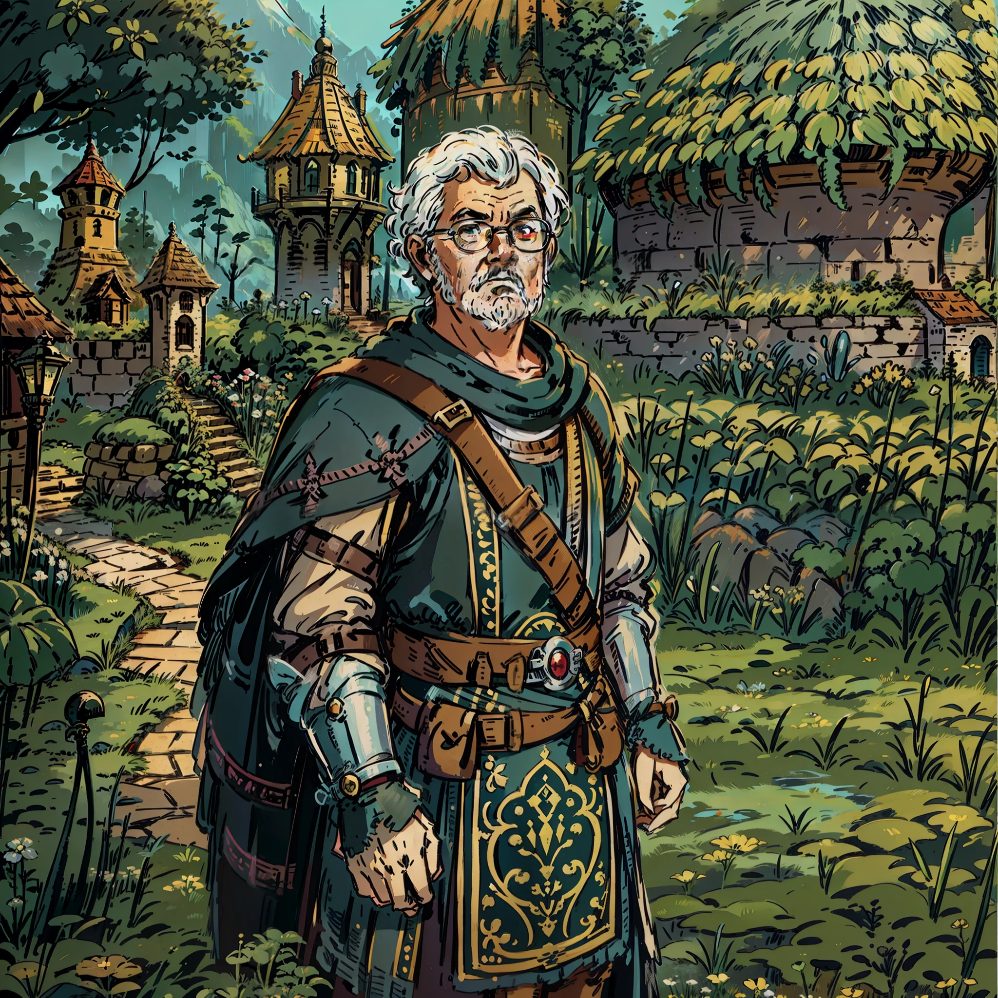 George Lucas look a like, Villager, Personagem de RPG, fantasia medieval, fechar retrato, Armadura preta, castelo de fundo