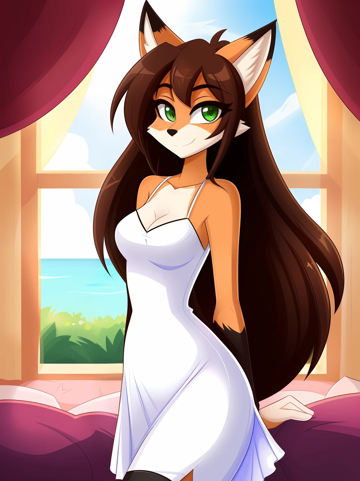 Fox girl, sexy, sensual, uploaded to E621, beautiful and detailed portrait of an anthropomorphic fox ((female))) uploaded to E621, by Kilinah, Brown hair, green eyes, white dress, black high stockings, slim body, medium breasts, teenager ((18years)), solo, skinny body, bedroom