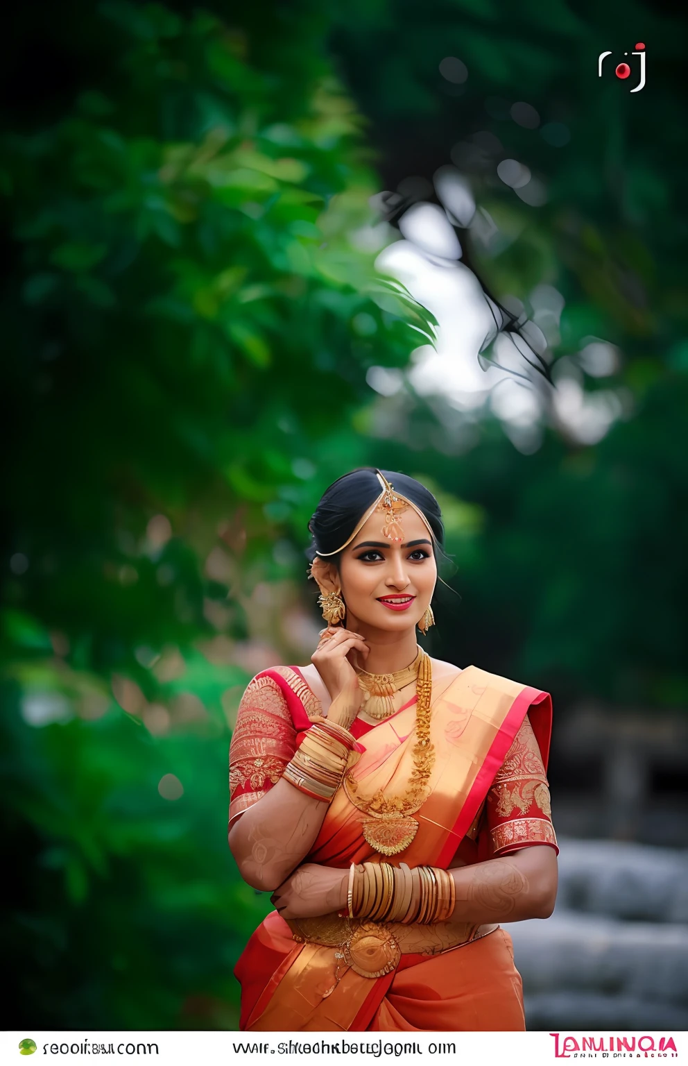 a woman in a red and yellow sari poses for a picture, traditional beauty, traditional, traditional female hairstyles, very beautiful enga style, traditional makeup, with lovely look, indian, indian style, dressed in a sari, wearing sari, adorned with precious stones, colorful with red hues, wearing a sari, gorgeous woman, dramatic smile pose intricate, traditional art, wearing elegant jewellery