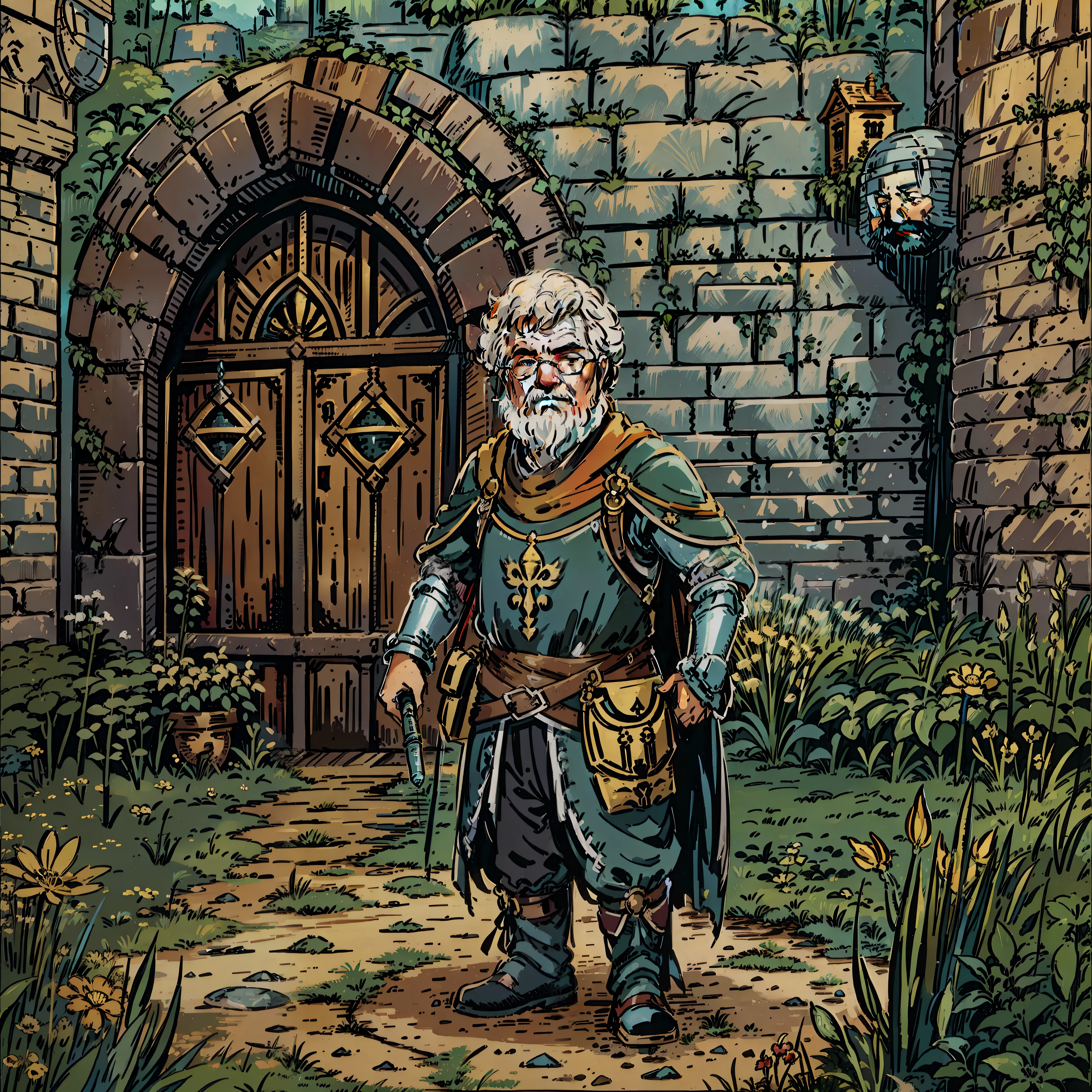 George Lucas look a like, Villager, Personagem de RPG, fantasia medieval, fechar retrato, Armadura preta, castelo de fundo