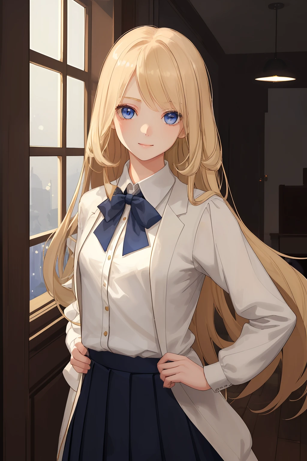 A girl of fragile physique, Regular. The girl has long blonde hair and blue eyes. beatiful face, cuteface. calm face, canny smile. Detail Eyes. The girl is dressed in a white office shirt, long pleated skirt and light brown cardigan. A girl stands in a dark wooden office with dim lighting from the moon, which shines through the window. moonlight lighting. Detailed background, detailed clothes. handsome body. hairlong, The bangs are combed to the side. medium chest size. Beautiful detailed eyes.