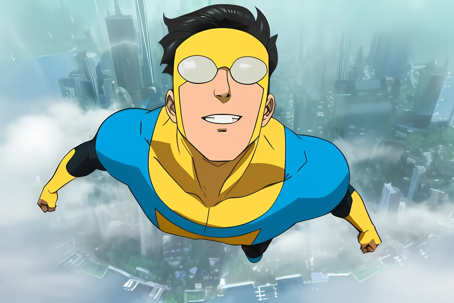 um close up de um personagem de desenho animado voando pelo ar, Omni Man vs Invincible, an epic anime of a energy man, undefeatable, superhero from the boys tv show, captura de tela do filme anime, ciclope, Art of Invincible, G - Fim do Homem, Penhasco Chiang, imagem de anime safebooru, john romita senior, Parque John, franco e bem., Tiro Completo