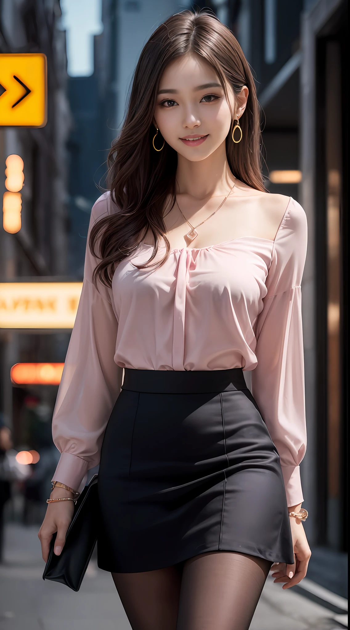 8k, masterpiece, RAW photo, best quality, photorealistic, extremely detailed CG unity 8k wallpaper, Depth of field, Cinematic Light, Lens Flare, Ray tracing, (extremely beautiful face, beautiful lips, beautiful eyes), intricate detail face, ((ultra detailed skin)) 1girl, in the dark, deep shadow, pretty korean girl, kpop idol,(very slim slender fit-muscled body:1.3), ((looking at viewer)),(big smile:1.3), (night, (neon sign), (blurry background), midnight, (without people in the background:1.3), pretty korean girl, white diamond earrings, bracelets, necklace, pantyhose, clear eyes, walking , front shot, (pale skin), face forward, (big eyes), full body shot, ((see through blouse)), (hot pink color blouse)), ((laced skirt)), (looking at viewer:1.3), very slim, medium breasts, Hermes bag