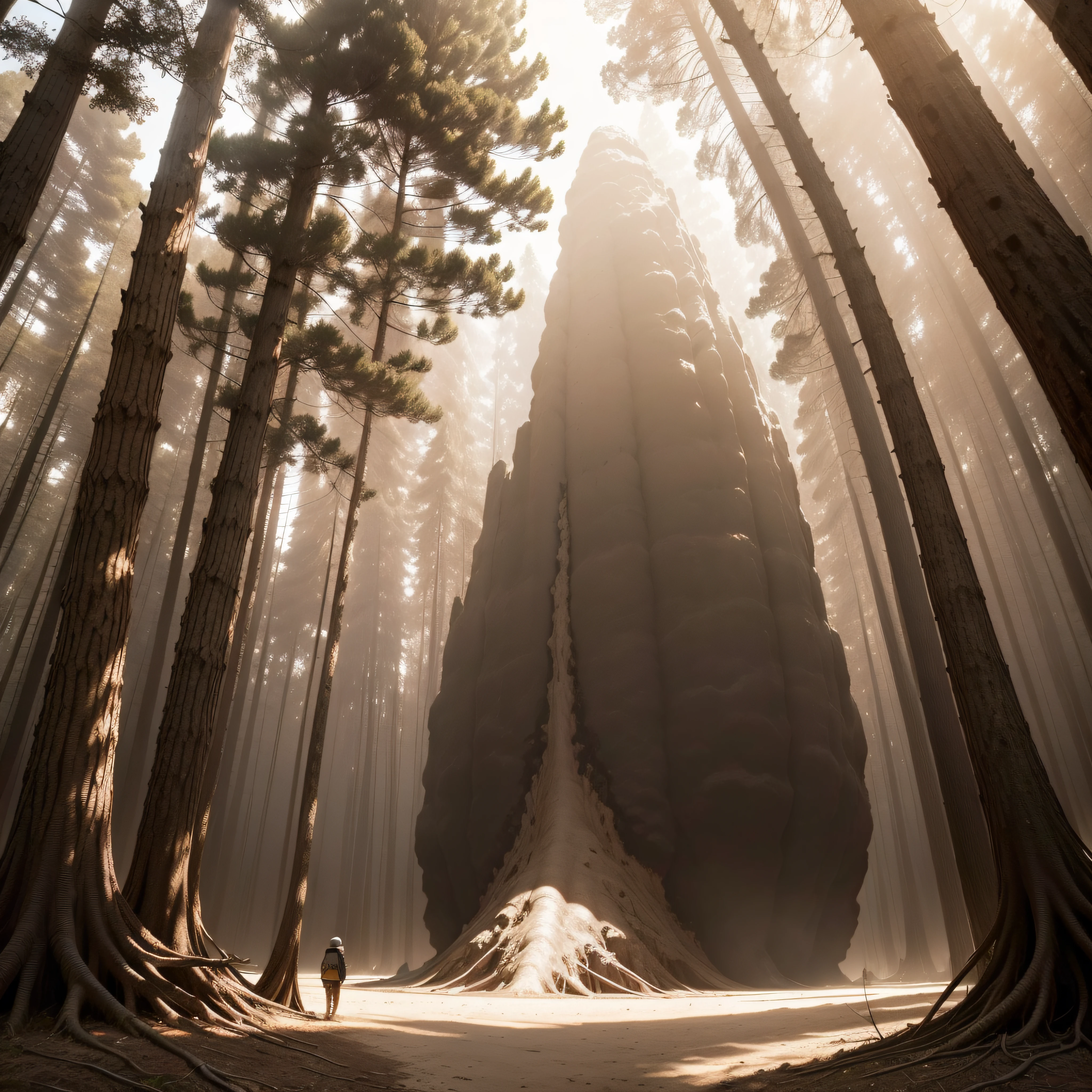 (extremadamente detallado, obra maestra, La mejor calidad, Tono sepia), un gigante con un hacha camina por un bosque. meteorito en el suelo, agujero profundo, Giant crater. burned trees. Oggre hidden among the trees. Daytime Lighting.