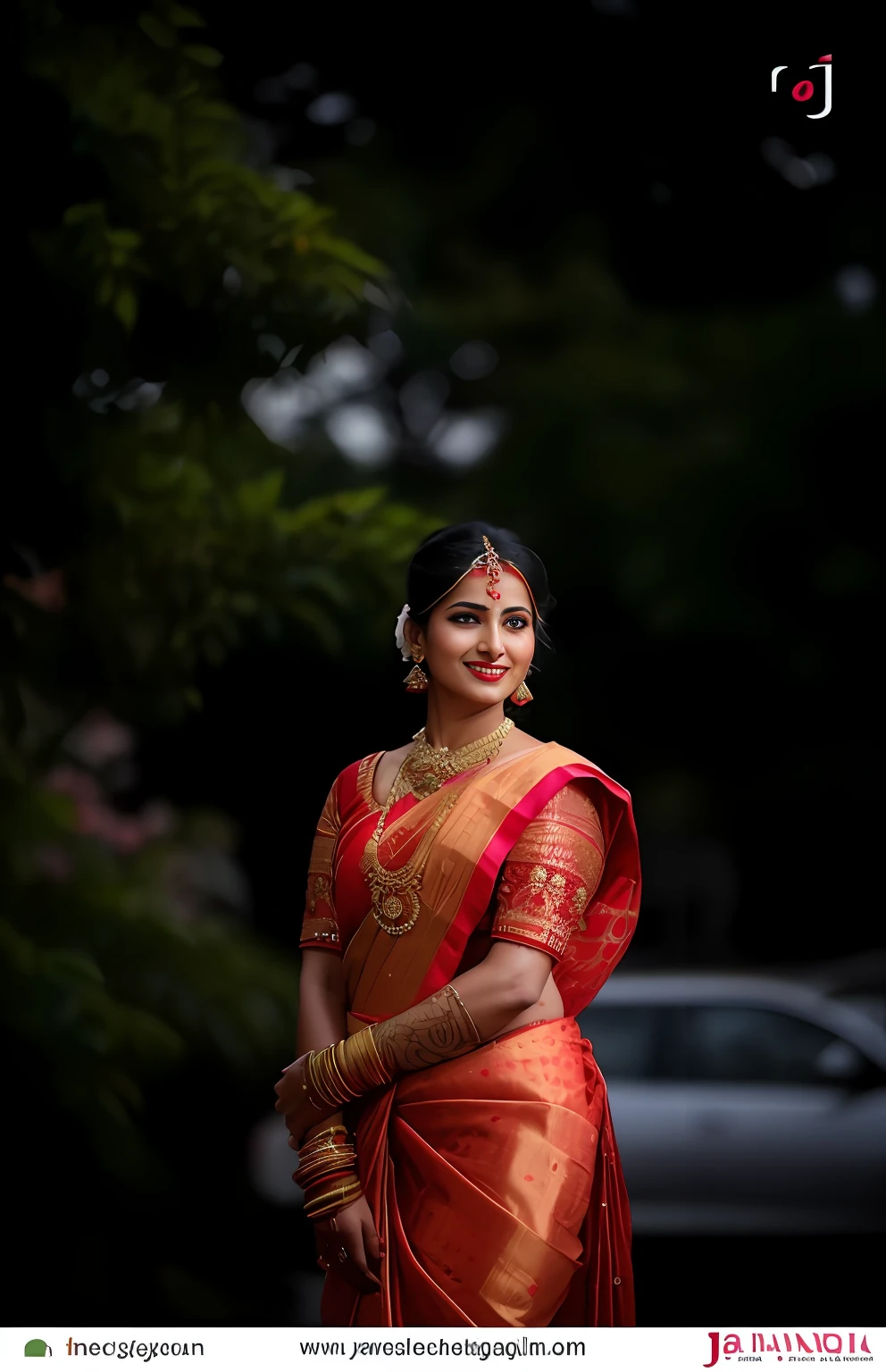 a woman in a red and yellow sari poses for a picture, traditional beauty, traditional, traditional female hairstyles, very beautiful enga style, traditional makeup, with lovely look, indian, indian style, dressed in a sari, wearing sari, adorned with precious stones, colorful with red hues, wearing a sari, gorgeous woman, dramatic smile pose intricate, traditional art, wearing elegant jewellery