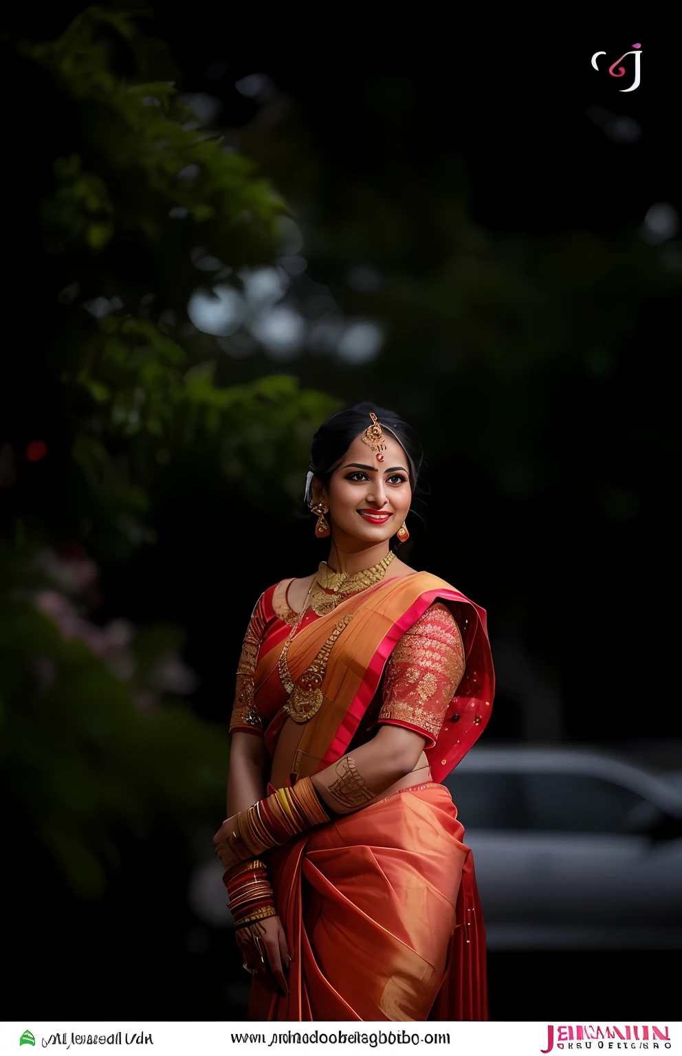 a woman in a red and yellow sari poses for a picture, traditional beauty, traditional, traditional female hairstyles, very beautiful enga style, traditional makeup, with lovely look, indian, indian style, dressed in a sari, wearing sari, adorned with precious stones, colorful with red hues, wearing a sari, gorgeous woman, dramatic smile pose intricate, traditional art, wearing elegant jewellery