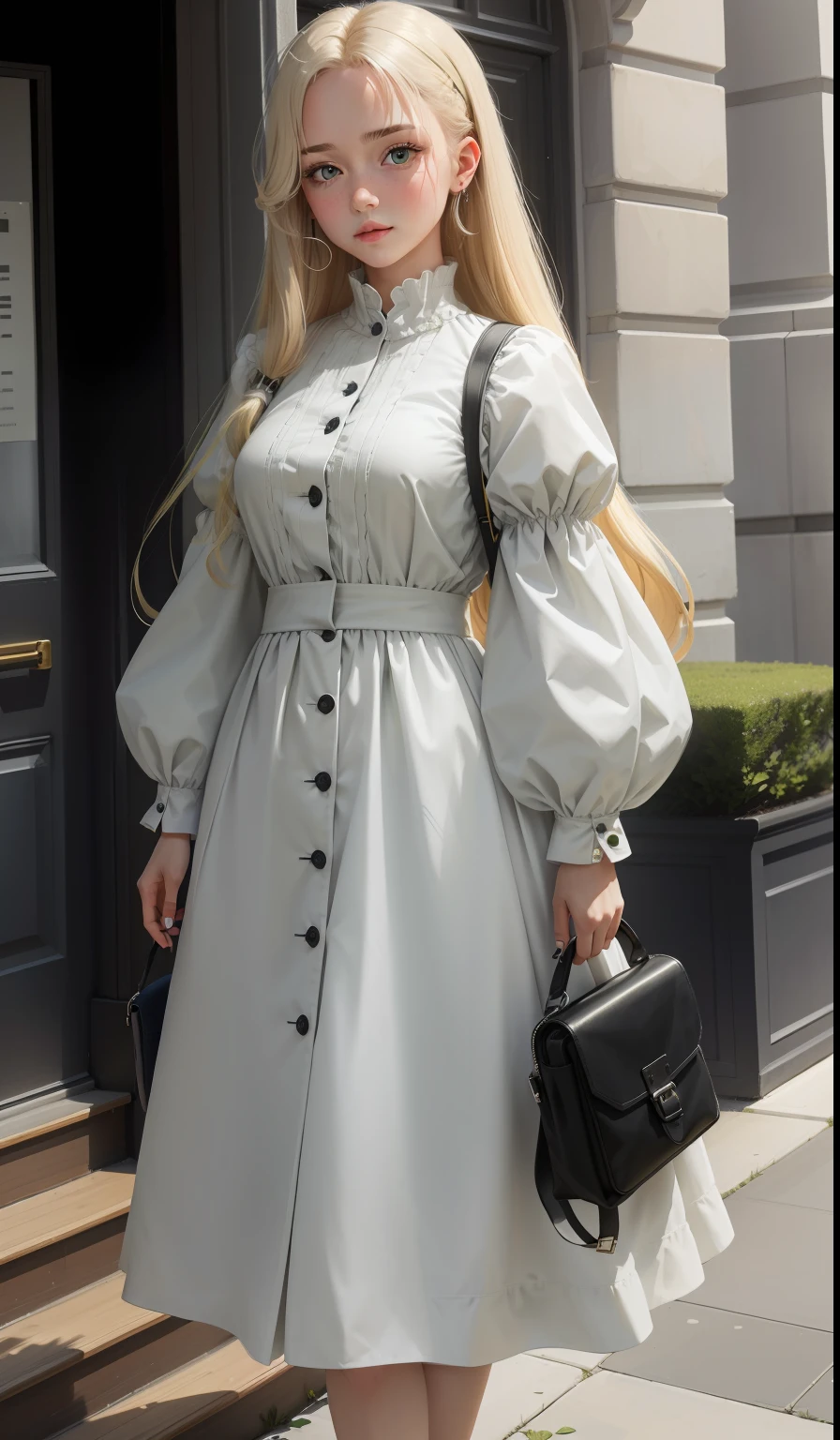 A woman in a dress with medium gray puffy sleeve with small buttons from the neck to the middle of the belly, the dress is up to the knee and marks the waist, she is natural blonde of the green and white eye, of the long and straight hair and is with a gray backpack written Adcos that is wheeled