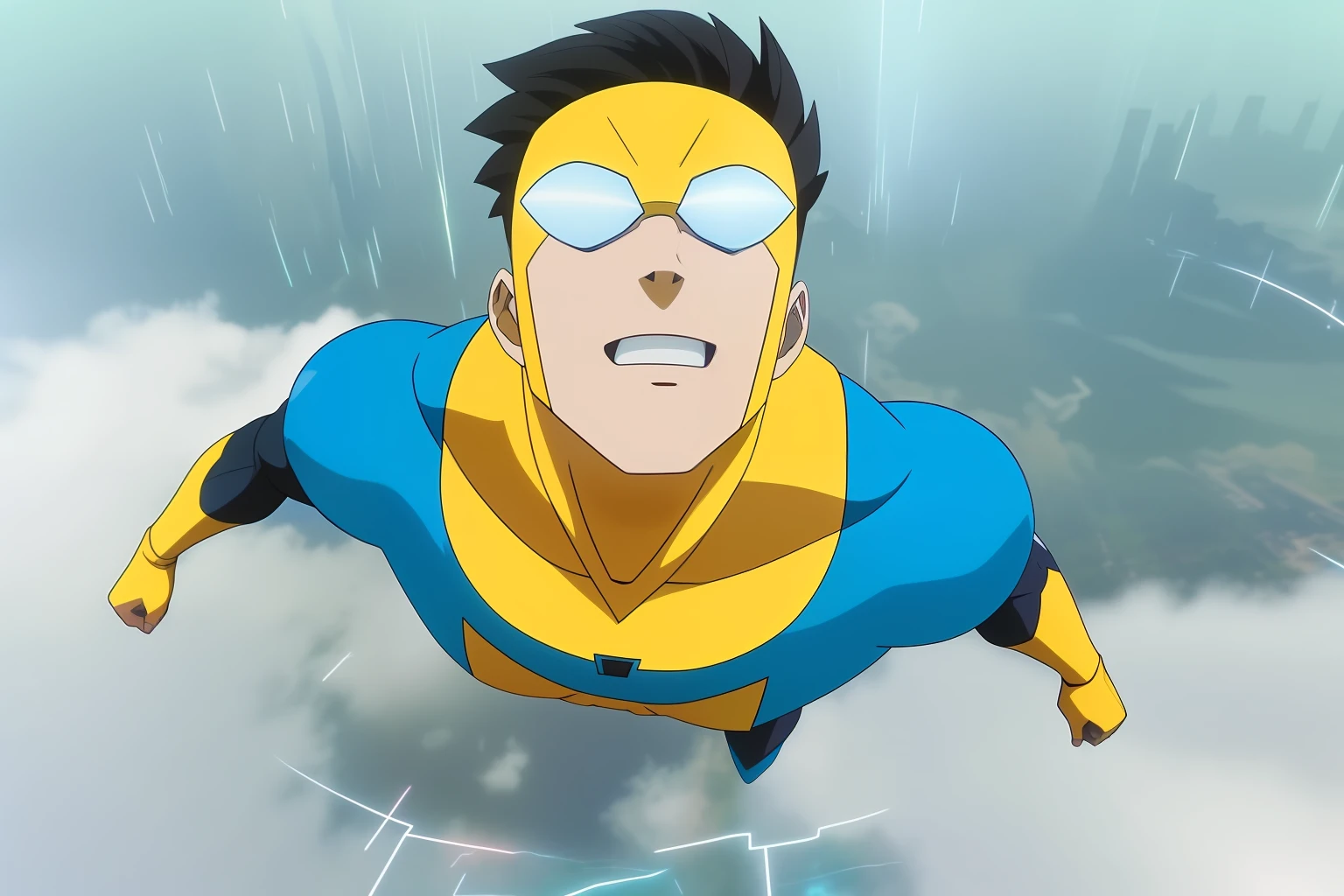 uma imagem de desenho animado de um homem voando pelo ar, Omni Man vs Invincible, an epic anime of a energy man, undefeatable, captura de tela do filme anime, superhero from the boys tv show, ciclope, Art of Invincible, Captura de tela do filme de anime, no filme de anime, Ainda de anime de TV, captura de tela de um anime de 2012