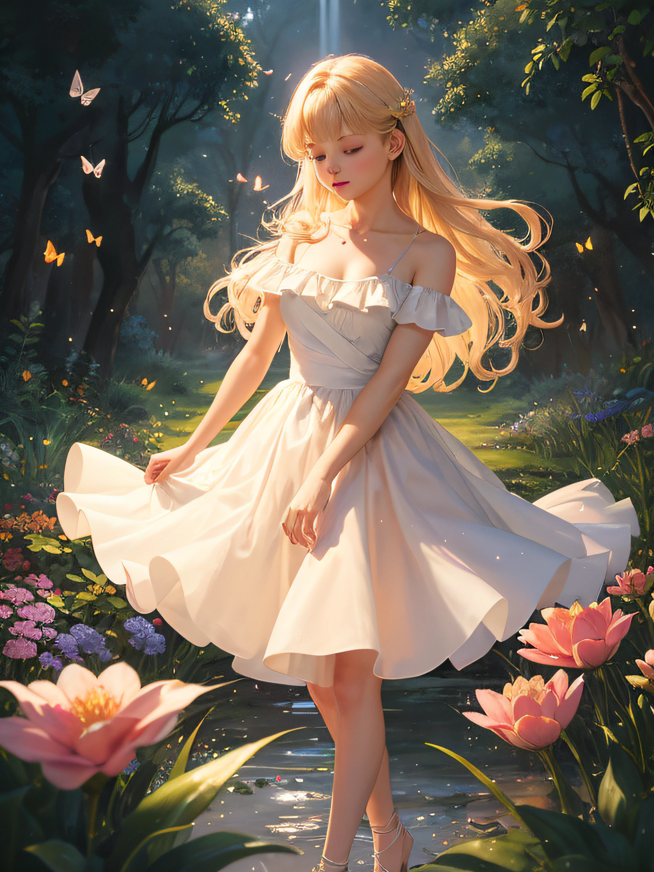 1girl, solo, full body, (masterpiece:1.21), (best quality:1.2), colorful, (illustration:1.2), (cinematic lighting:1.1), (bare shoulders:1.21), (collarbone:1.21)
In this whimsical and fantastical garden, the scene is illuminated by a rainbow of (colorful fireflies), dancing and fluttering in the air. The garden is decorated by a gentle (drizzle), creating a misty and ethereal atmosphere. In the center of the scene, there is a single girl, an extremely delicate and beautiful girl, with cute features and an innocent expression. Her long hair is flowing with the wind. She is wearing no shoulder straps dress, which is ultra low cut, highlighting her delicate curves.
The lighting is very delicate and beautiful, creating a soft and warm glow that highlights the water, making it sparkle like diamonds. The finest grass is also illuminated, creating a lush and verdant carpet. The garden is surrounded by colorful flower fields, with blooms of every color and shape. (Colorful butterflies), of every shade and size, can be seen fluttering around the scene, adding to the overall sense of wonder and magic. (look ai viewer),A blush can be seen on her nose, and her mouth is slightly open, adding to the overall sense of innocence and youthfulness. Falling petals can be seen floating around her, adding to the overall sense of romance and beauty. A gentle wind is blowing through the scene, making the leaves rustle and the flowers sway, adding to the overall sense of movement and life. This is a scene of pure wonder and magic, filled with color and beauty, where the viewer can lose themselves in the enchanting and captivating world.