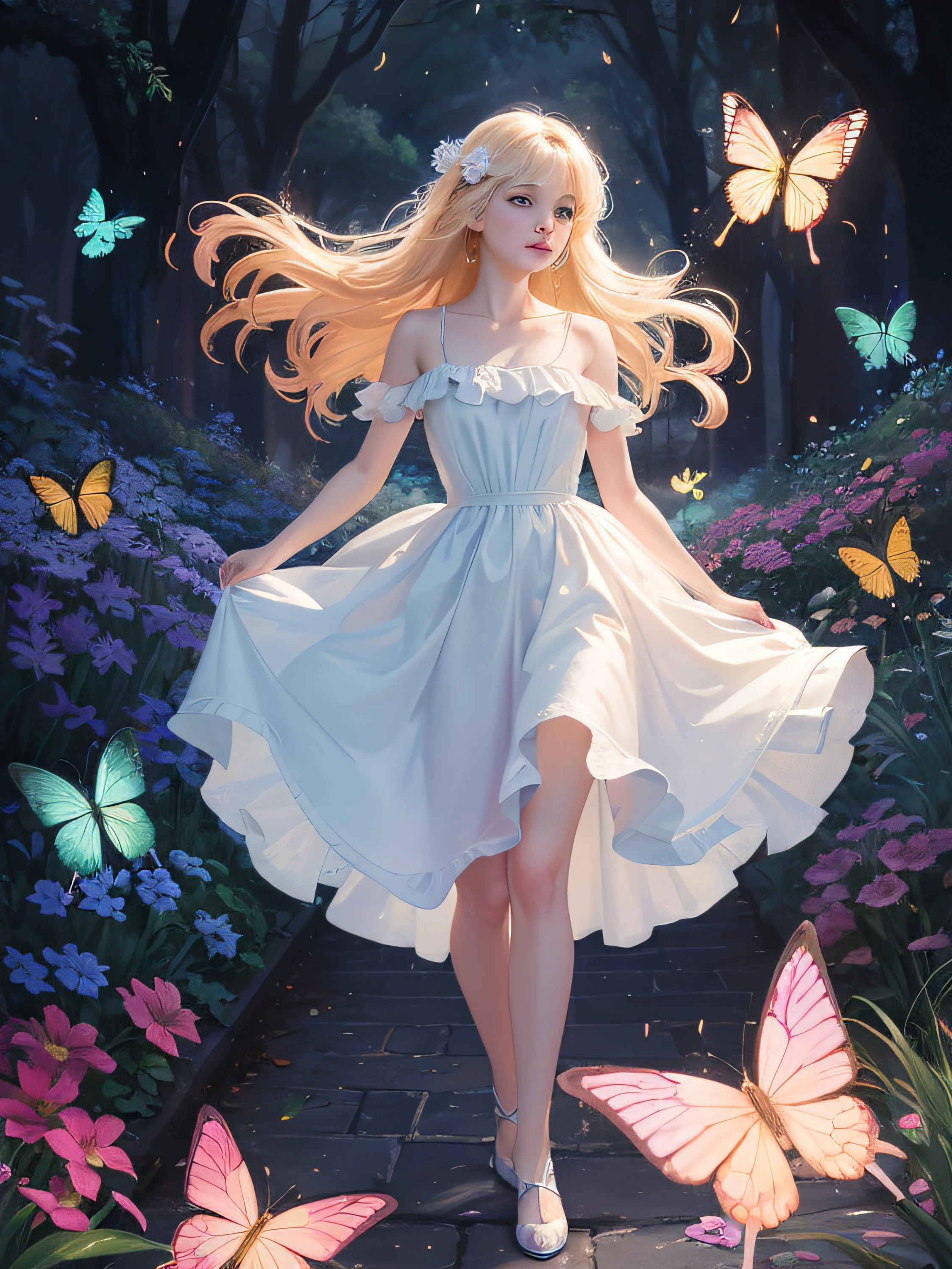 1girl, solo, full body, (masterpiece:1.21), (best quality:1.2), colorful, (illustration:1.2), (cinematic lighting:1.1), (bare shoulders:1.21), (collarbone:1.21)
In this whimsical and fantastical garden, the scene is illuminated by a rainbow of (colorful fireflies), dancing and fluttering in the air. The garden is decorated by a gentle (drizzle), creating a misty and ethereal atmosphere. In the center of the scene, there is a single girl, an extremely delicate and beautiful girl, with cute features and an innocent expression. Her long hair is flowing with the wind. She is wearing no shoulder straps dress, which is ultra low cut, highlighting her delicate curves.
The lighting is very delicate and beautiful, creating a soft and warm glow that highlights the water, making it sparkle like diamonds. The finest grass is also illuminated, creating a lush and verdant carpet. The garden is surrounded by colorful flower fields, with blooms of every color and shape. (Colorful butterflies), of every shade and size, can be seen fluttering around the scene, adding to the overall sense of wonder and magic. (look ai viewer),A blush can be seen on her nose, and her mouth is slightly open, adding to the overall sense of innocence and youthfulness. Falling petals can be seen floating around her, adding to the overall sense of romance and beauty. A gentle wind is blowing through the scene, making the leaves rustle and the flowers sway, adding to the overall sense of movement and life. This is a scene of pure wonder and magic, filled with color and beauty, where the viewer can lose themselves in the enchanting and captivating world.