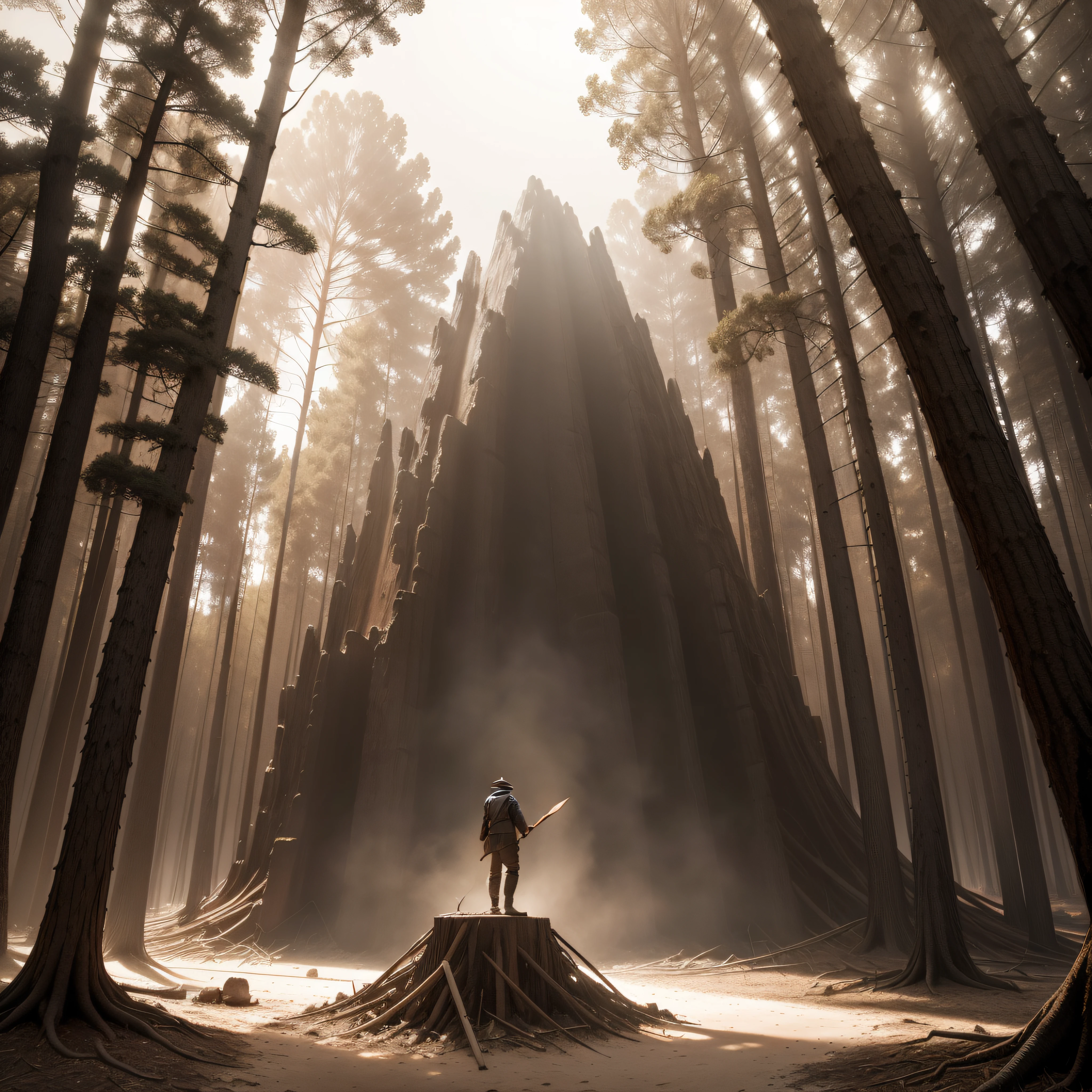 (extremadamente detallado, obra maestra, La mejor calidad, Tono sepia), un hombre con un hacha camina por un bosque. meteorito en el suelo, Giant crater. burned trees. escultura en ruinas. Oggre hidden among the trees. Daytime Lighting.