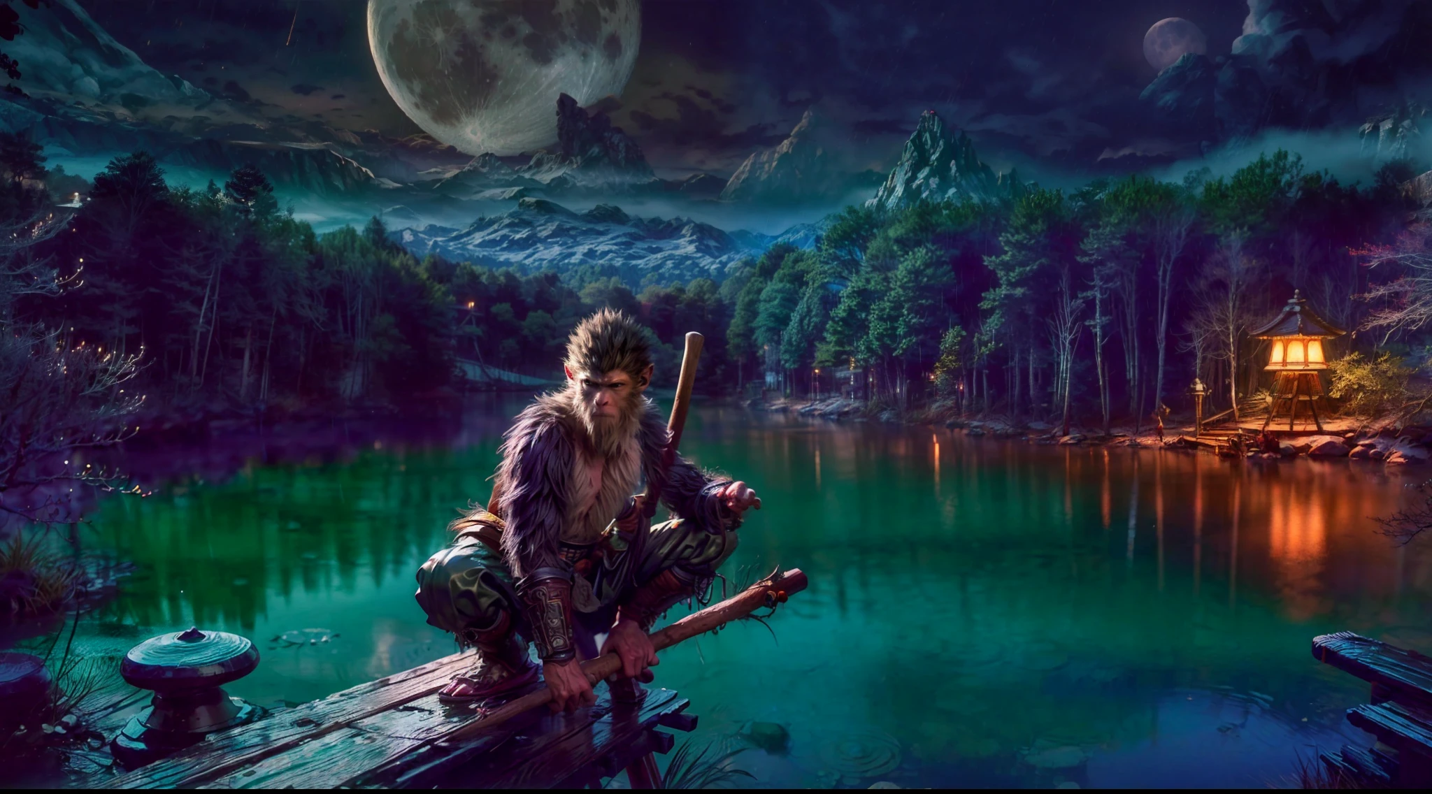 ((Solo)), wukong \(black myth\), ((crouched on top of a high wooden pole in a lake, the moon in the sky, holding a wooden stick above his sholder)), Monkey Warrior, 16K, HDR, Rain, Best Quality, FXAA, TXAA, Super Detailed, Ray Tracing, dark theme, ((Night, Rain))