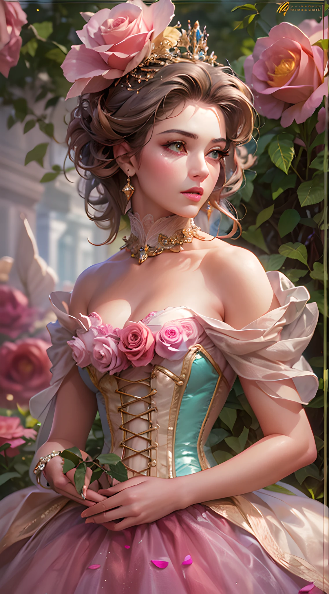 This is realistic fantasy artwork set in the an enchanted pastel bubblegum and rose garden. Generate a proud woman with a highly detailed face dressed in the billowing folds of a stunning French silk ballgown. The woman's sweet face is ((((highly detailed, with realistic features and soft, puffy lips.)))) The ballgown is embellished with ruffles, sashes, and bows and a delicately, but intricately, hand-embroidered bodice. The corset features silk ribbon. The woman's stunning eyes are beautifully detailed, featuring realistic shading and multiple colors and high resolution. The woman is in a garden of eternal roses, each one beautifully formed and highly detailed. These realistic roses feature shimmering shades of pink, yellow, orange, and glimmering red. The eternal rose is a deep shade of red with shimmering pink overtones and undertones. Ensure that the woman's face, hair, and eyes are perfect. Important: include interesting details like stars, bubbles, ((and glitter)). realism, high fantasy, whimsical fantasy, storybook fantasy, fairytale fantasy, fantasy details, enchanting, bewitching, 8k, hires, cgi, digital painting, unity, unreal engine, (((masterpiece))), intricate, elegant, highly detailed, majestic, digital photography, art by artgerm and ruan jia and greg rutkowski, (masterpiece, finely detailed beautiful eyes: 1.2), hdr, realistic skin texture, (((1woman))), (((solo))), Include a highly detailed face, extremely detailed face, and interesting background.