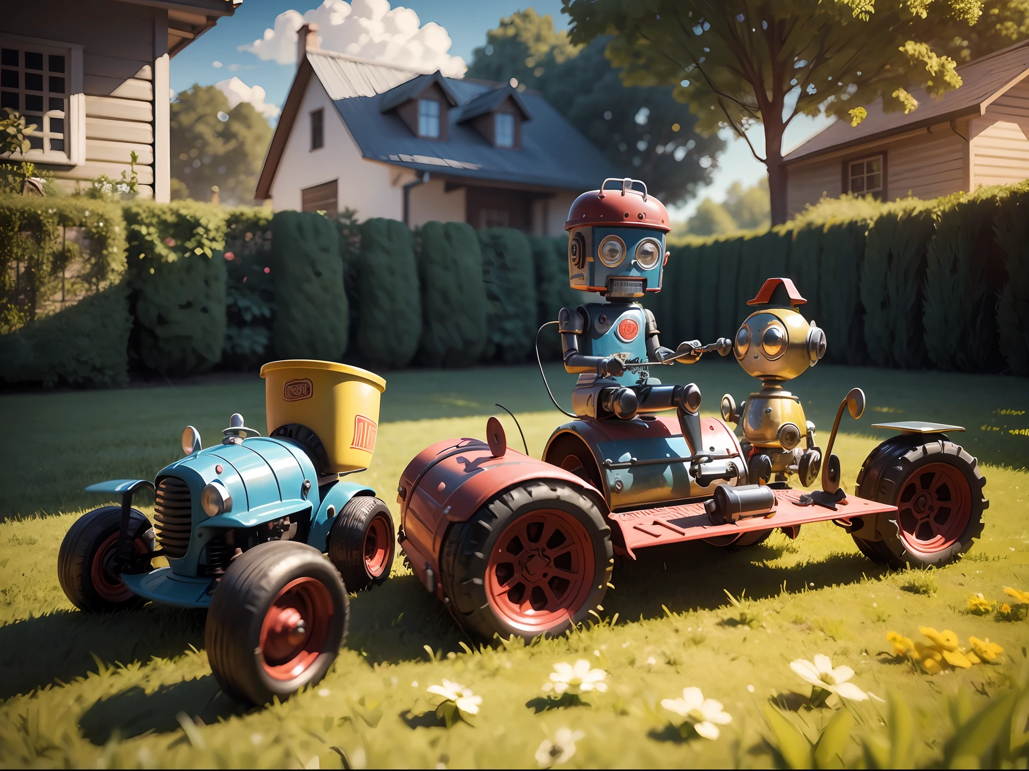 highly detailed funny cartoon 2 tin toy robot ,one is mowing the lawn in the garden. one is sprinkling water, childish illustration 3D style